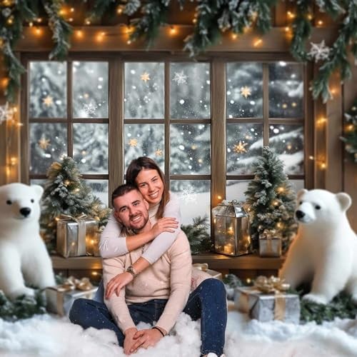 Snowy Xmas Backdrop Window – Snowy Pine Trees – Forest View – 7x5ft Bear
