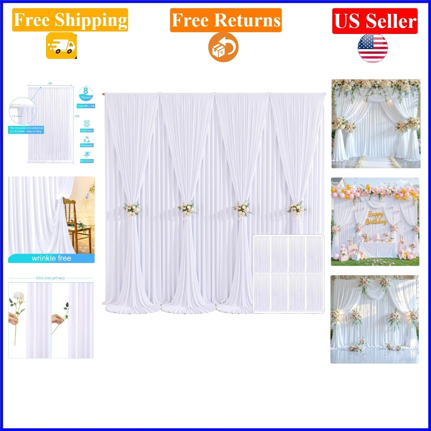 8-Pack White Wrinkle-Free Backdrop Curtains 40ft x 10ft for Parties & Events