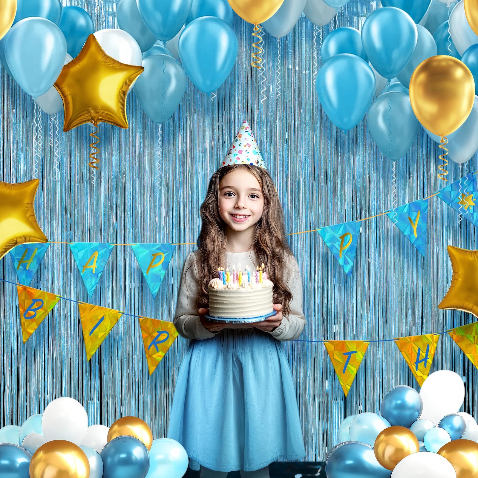 2 Pack Holographic Light Blue Fringe Backdrop 3.2×8.2 Ft Foil Tinsel Curtain