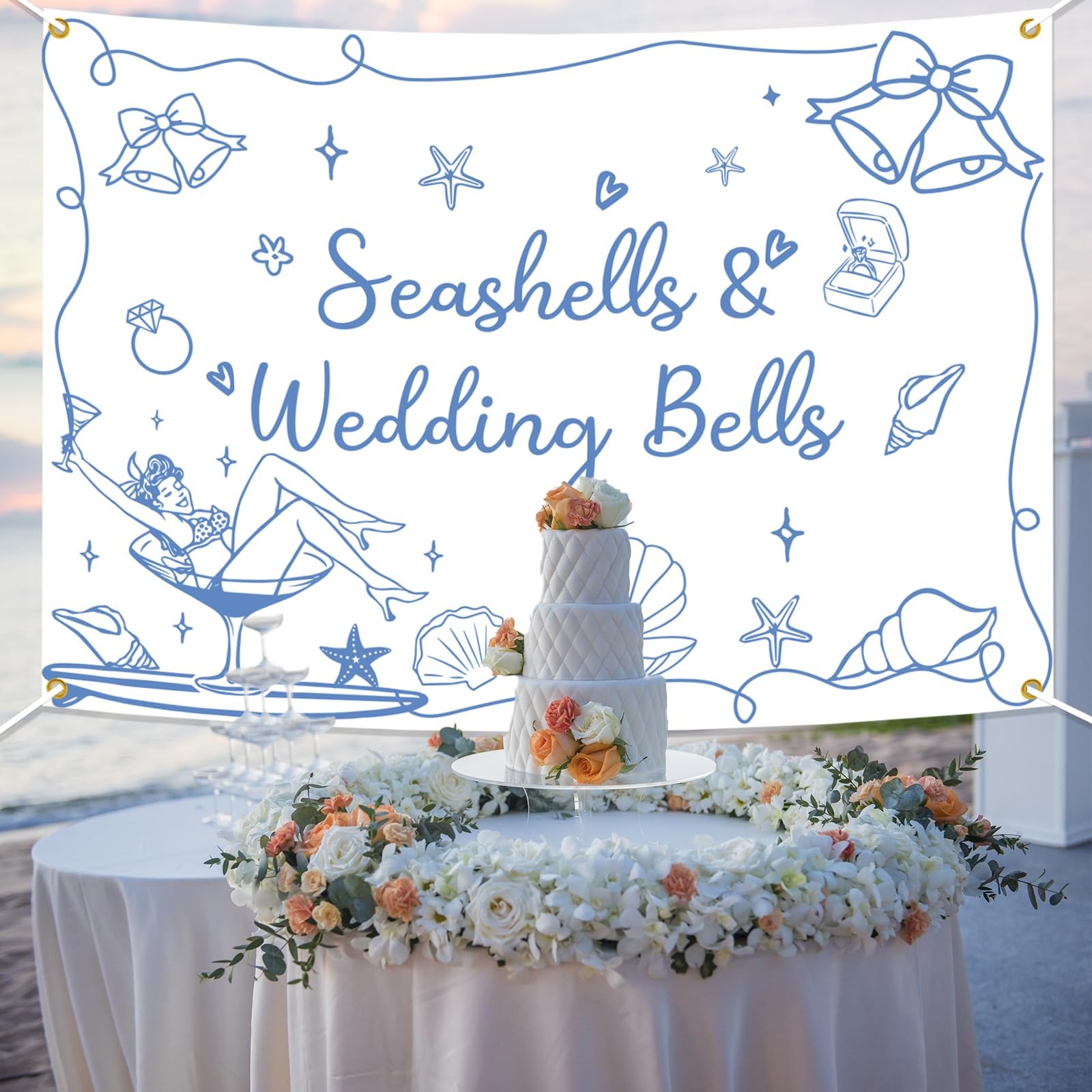Seashells & Wedding Bells Backdrop Banner – Coastal Bachelorette Party Decora…