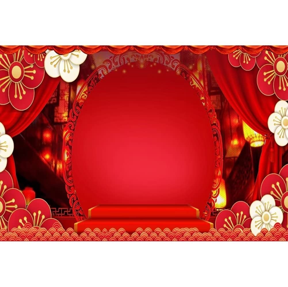 7×5 FT Chinese New Year Backdrop Red Curtain Flowers Lantern Photo Studio Prop