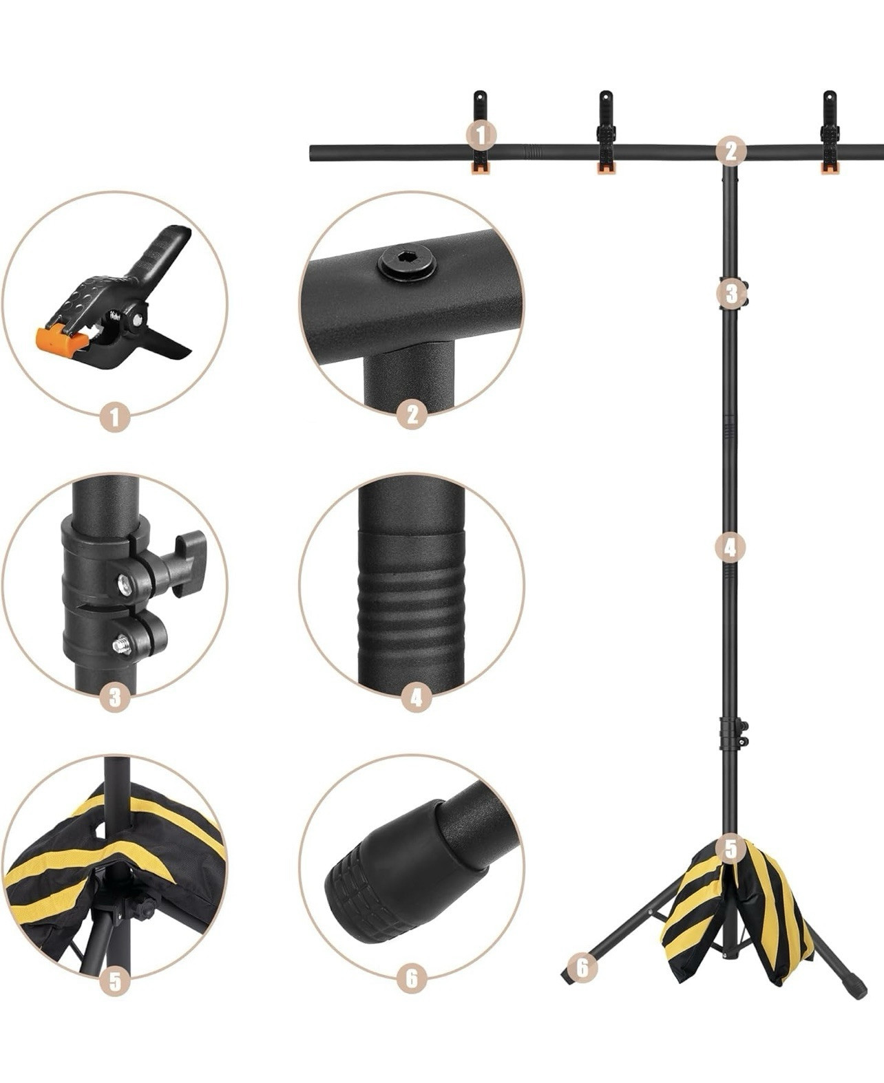 6.5×3.2ft T-Shape Backdrop Stand Adjustable Background Support Stand Kit Port