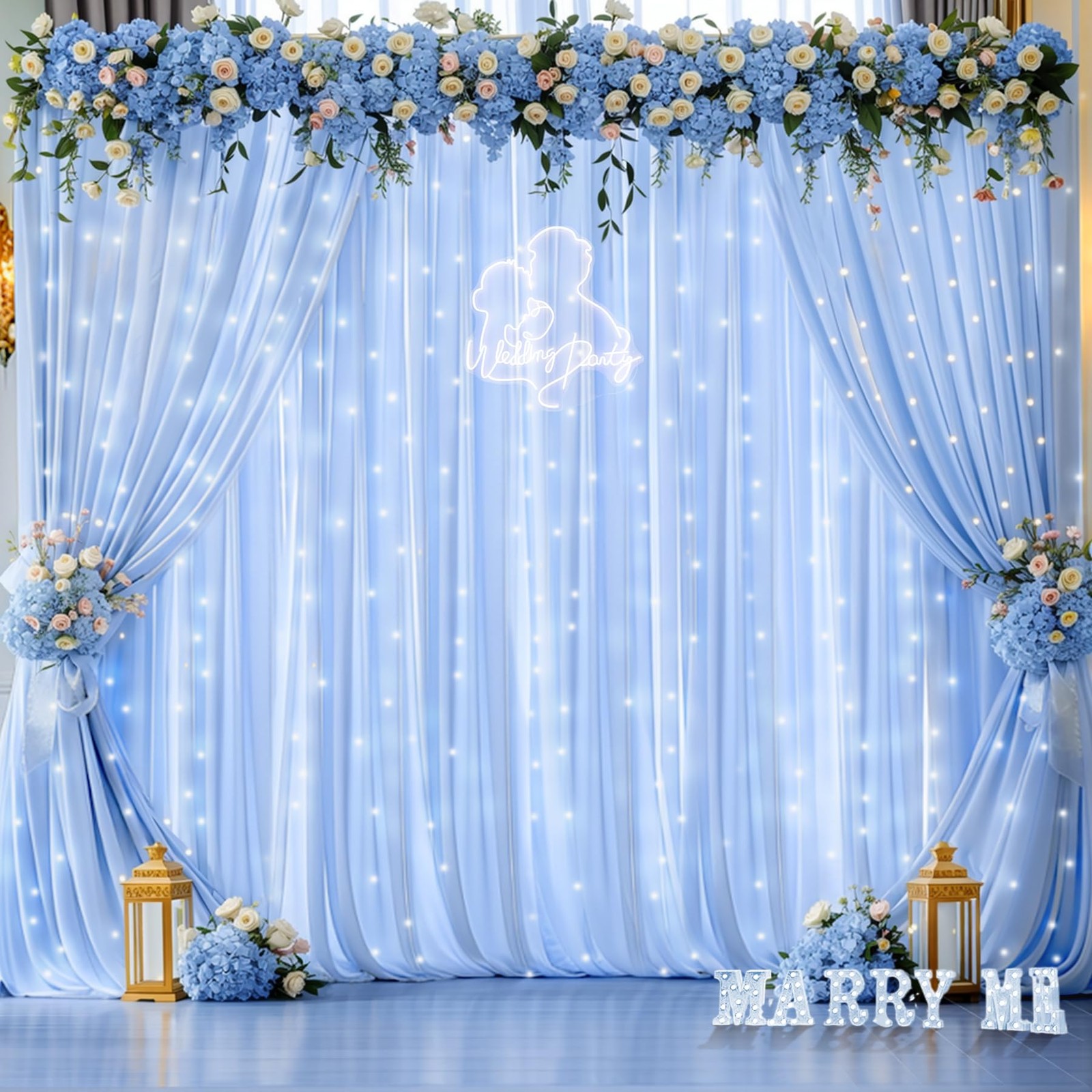 10ft x 10ft Baby Blue Chiffon Backdrop Curtain with Lights String for Parties…