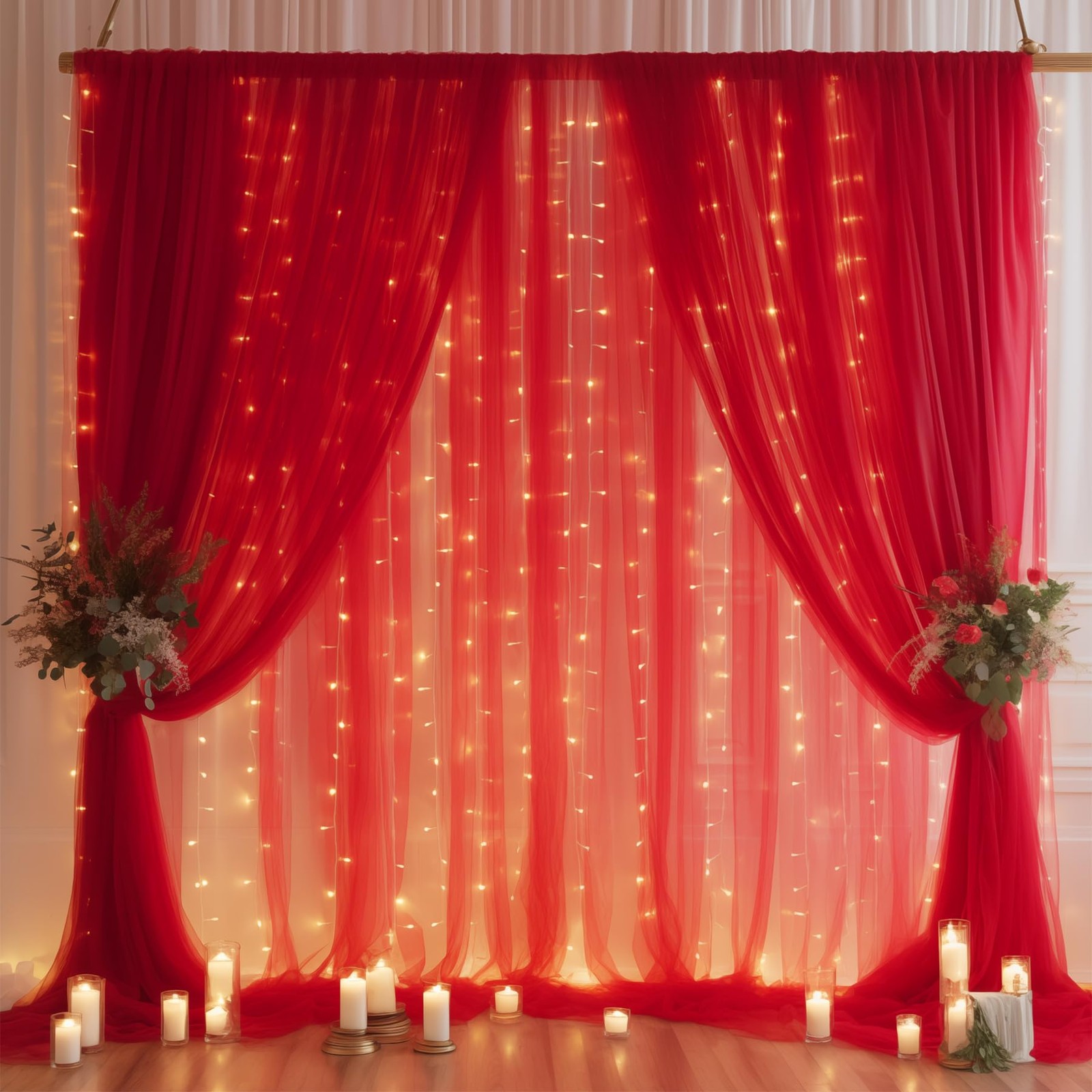 10×10 FT Red Tulle Backdrop Curtain with Lights String Wedding Party
