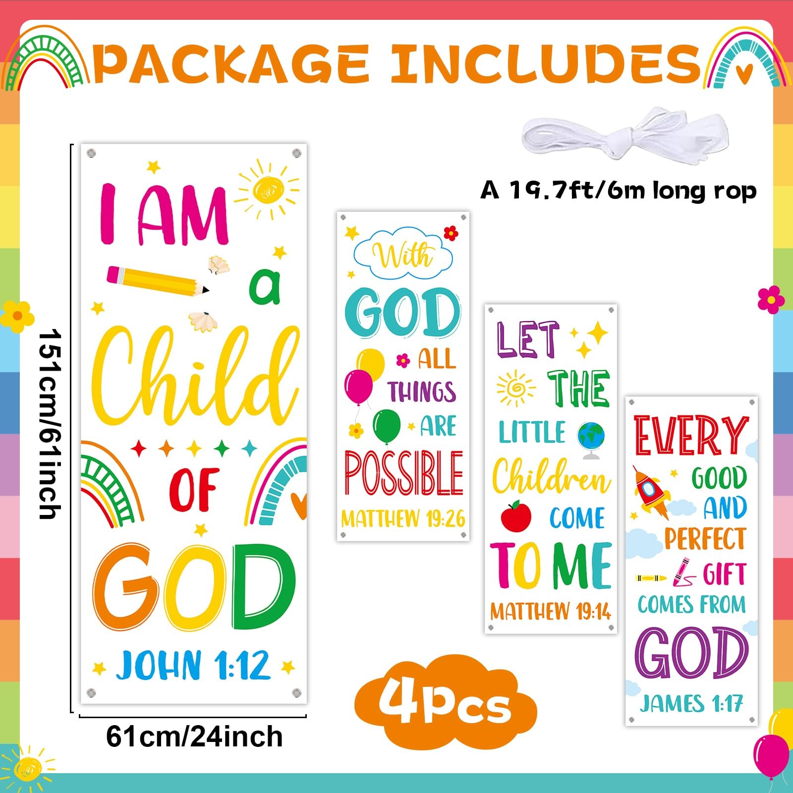 4PCS Church Banners with Scripture Religious Bible Verse Backdrops for Kids C…