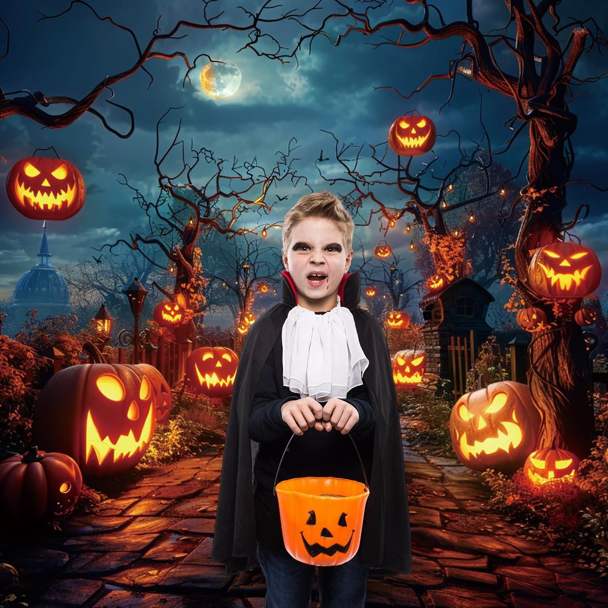 Halloween Backdrop 10x10ft Moon Night Scary Pumpkin Forest Photo Backdrops for