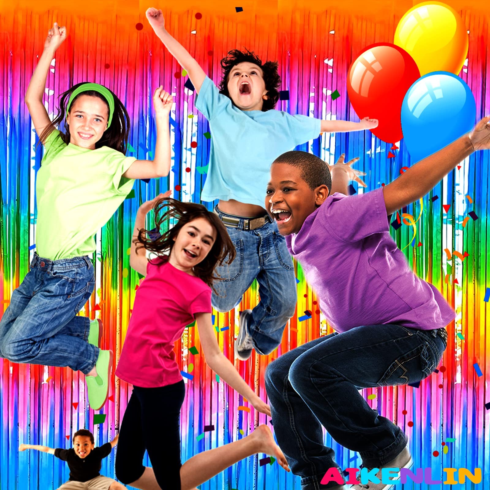 4 Pack 3.2Ft x 8.2Ft Rainbow Foil Fringe Curtain Backdrop Colorful Metallic T…