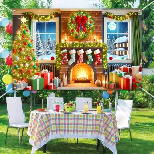 Christmas Fireplace Banner 71×43 Inch Indoor Holiday Decorations Tree – Tree