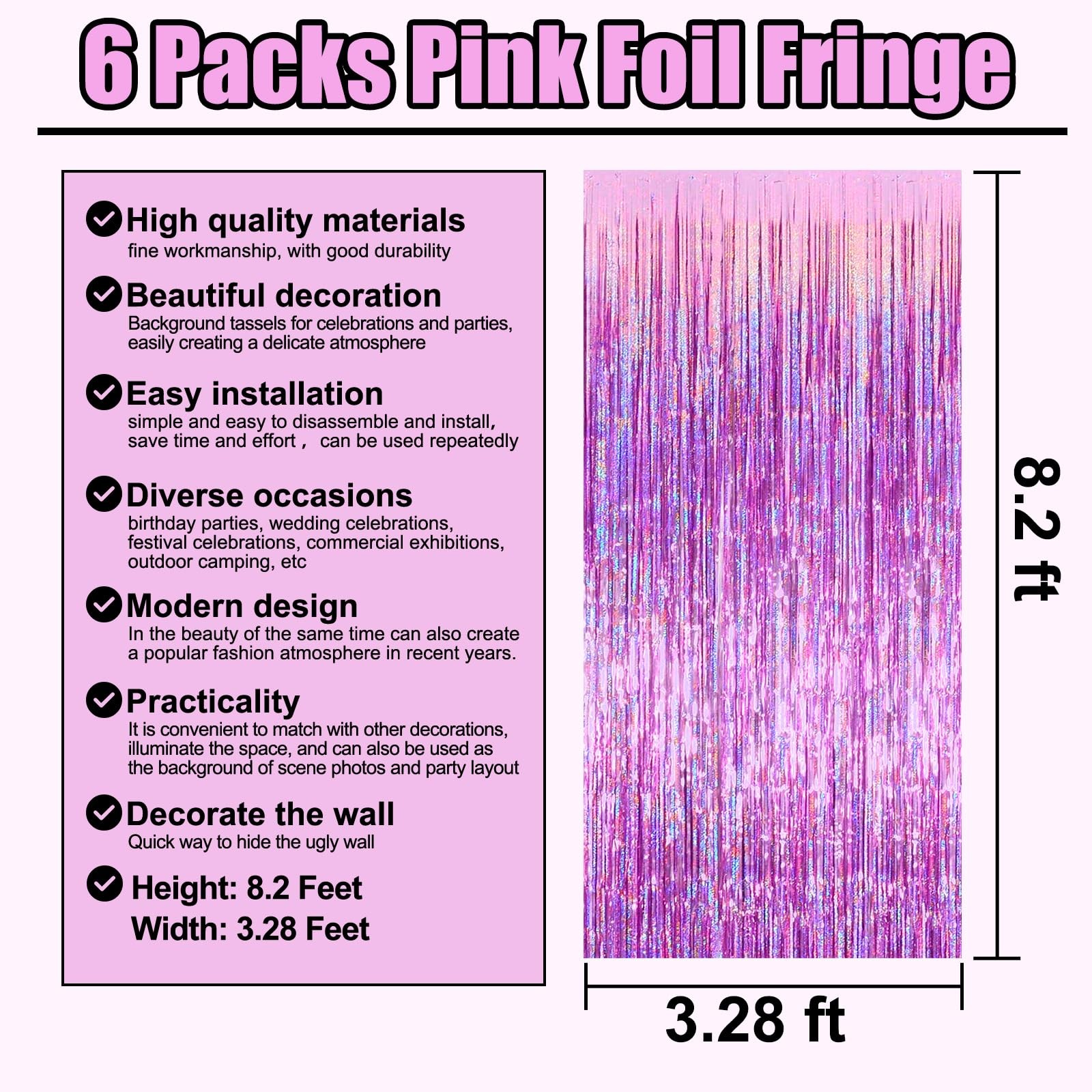 Pink Metallic Foil Fringe Curtain Backdrop Party Streamers 3.28×8.2 Ft 6 PK