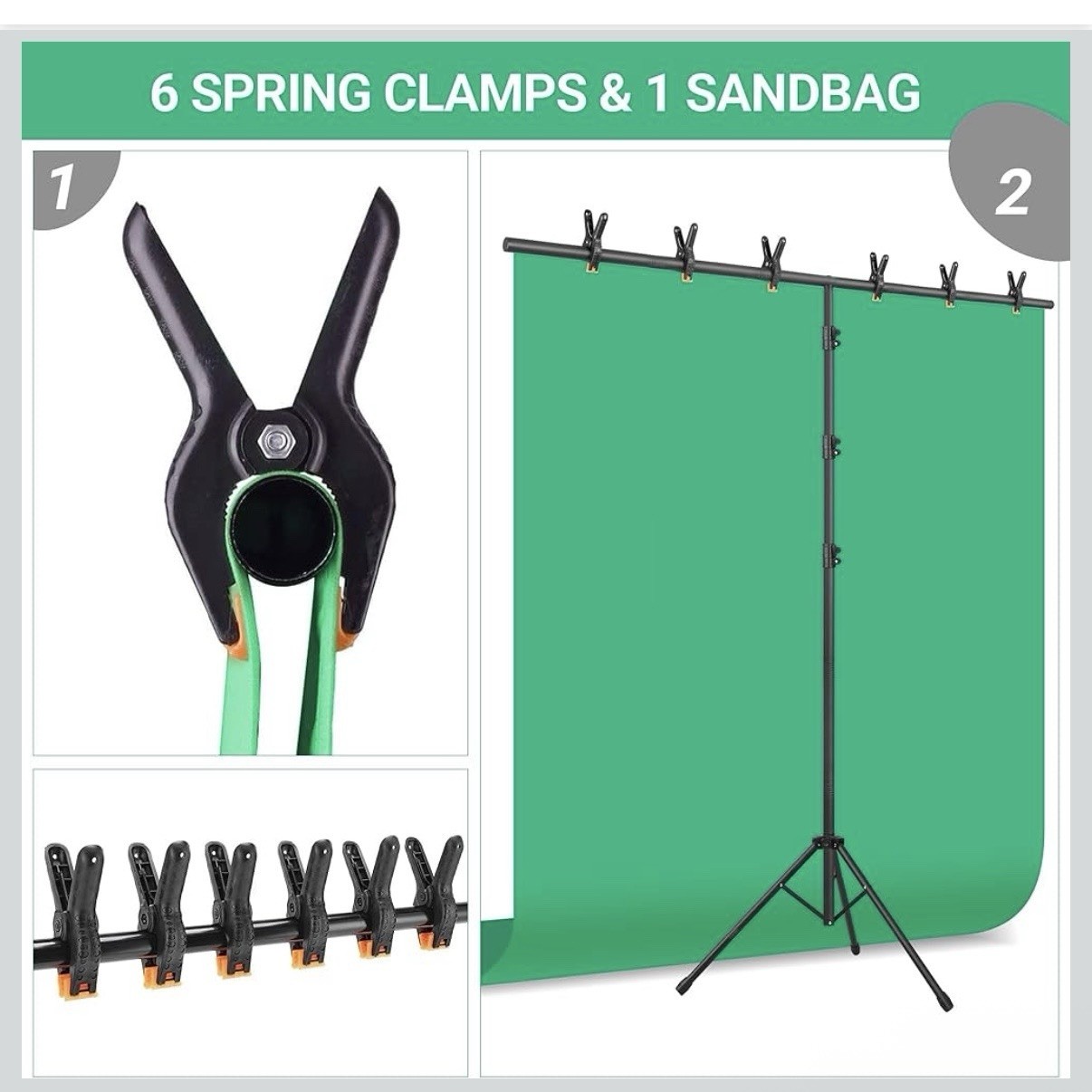 Photo Studio Adjustable Backdrop Support Stand 63.5in, 6 Clamps, Sandbag, Black