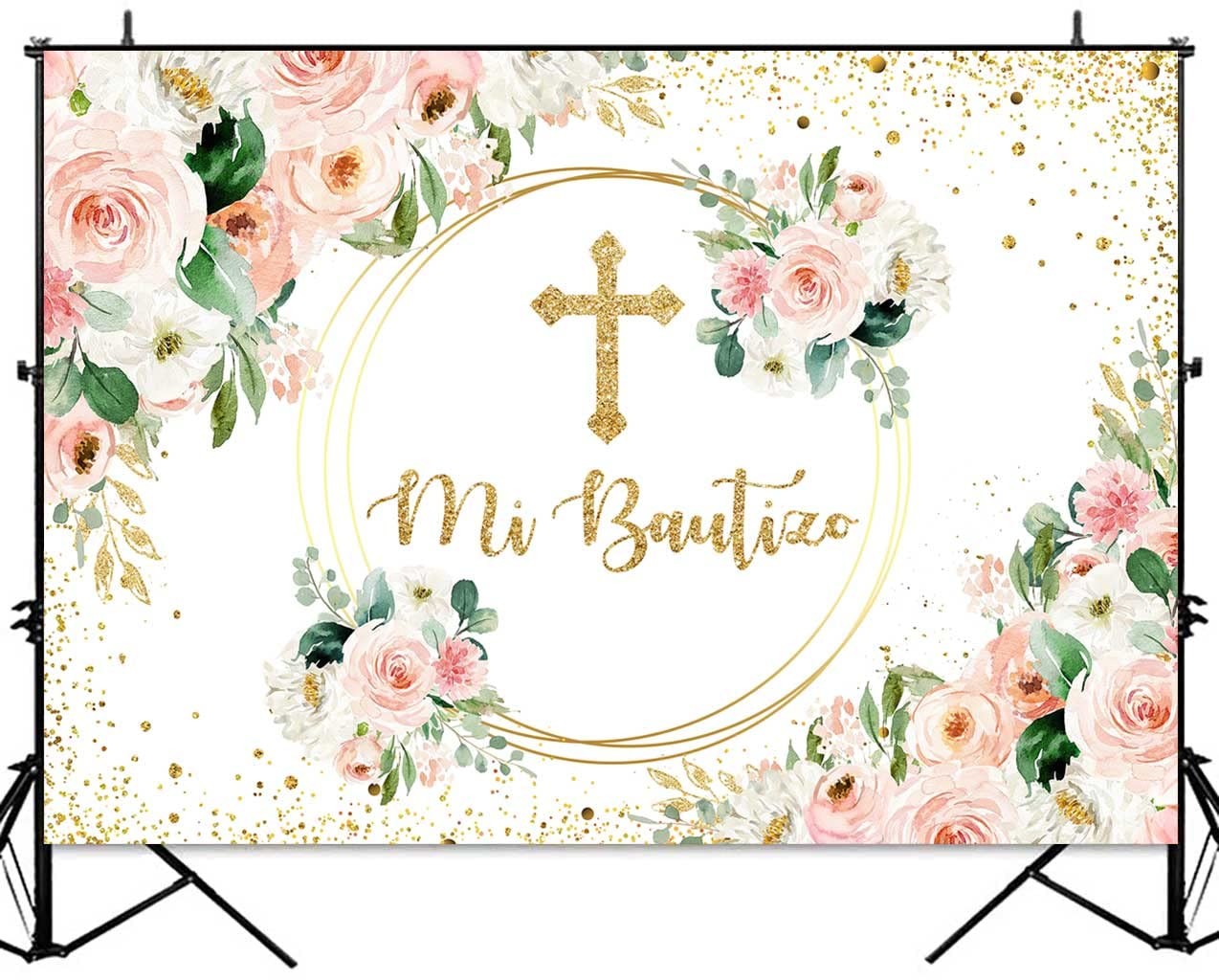 Spanish Mi Bautizo Girl Pink Floral Gold Glitter Baptism Backdrop 7x5ft Mat