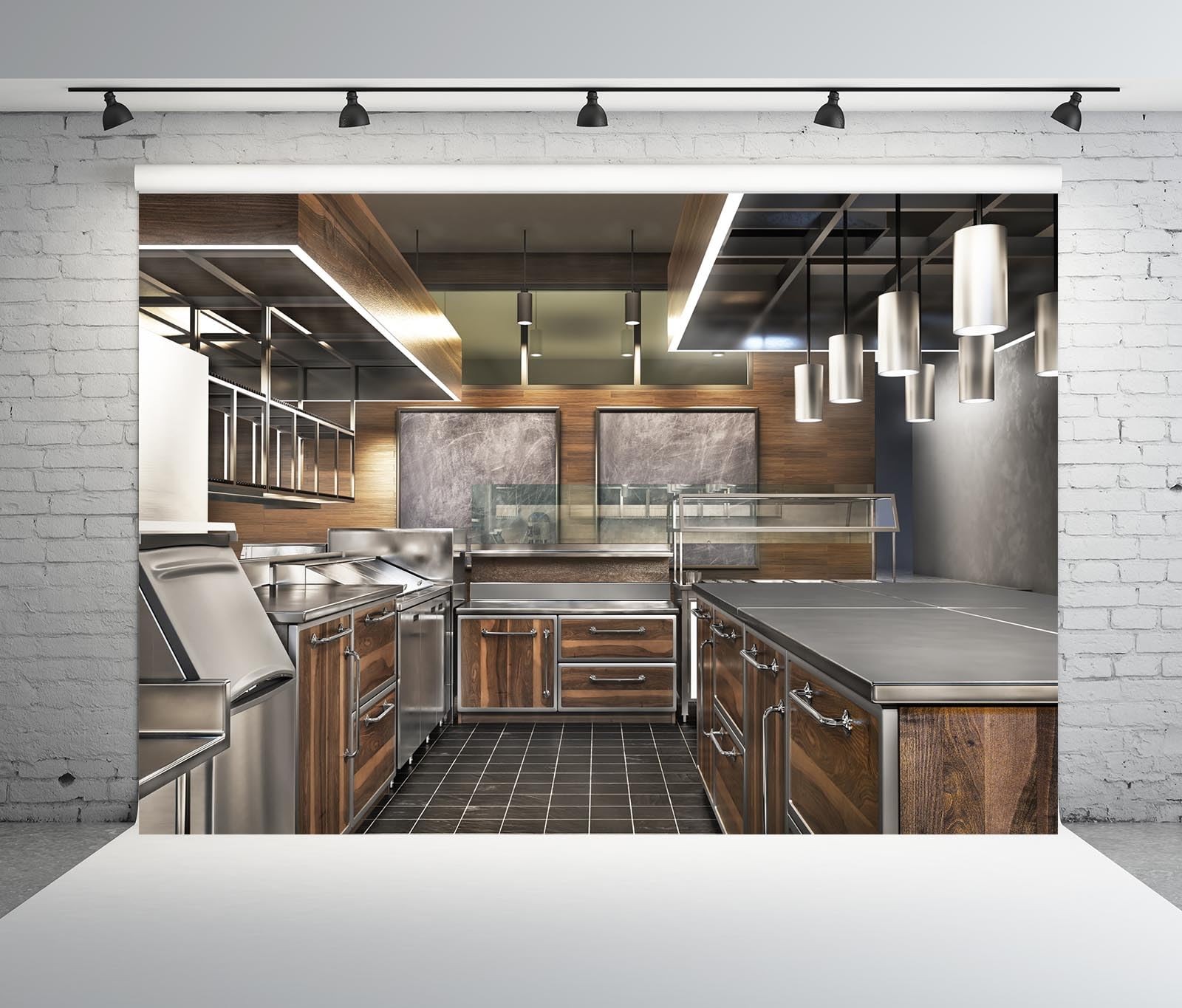 7x5ft Fabric Modern Kitchen Backdrop Restaurant Kitchen Interior Stainless Ov…