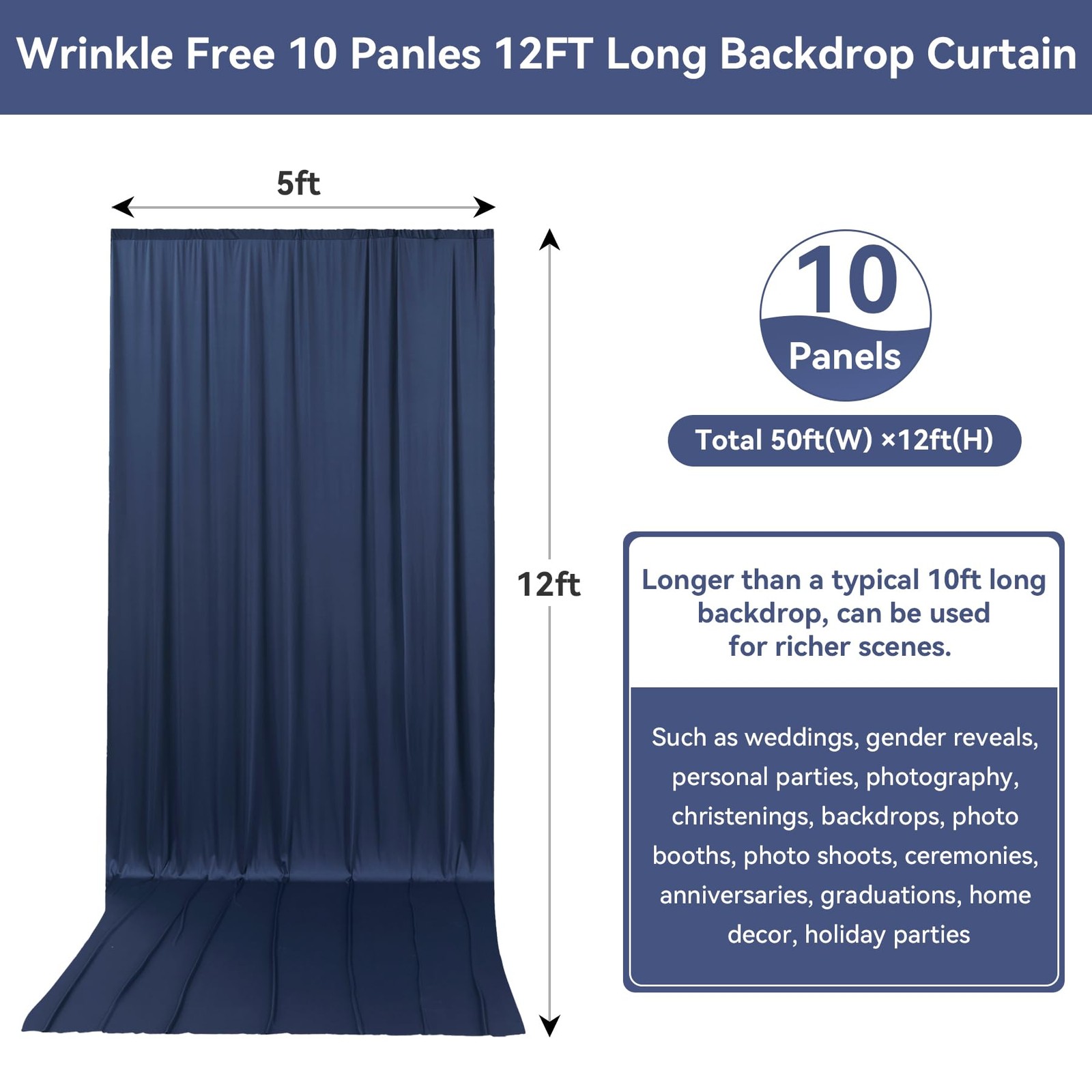 50ftx12ft Navy Blue Backdrop Curtains for W5′ x H12′(10 panels), navy blue