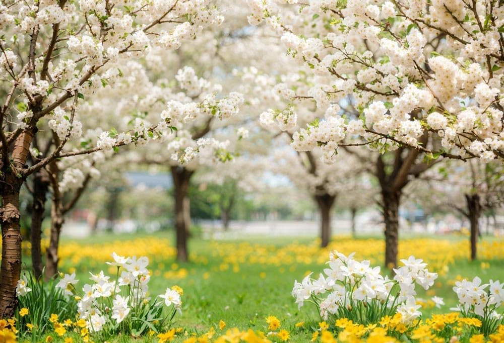 1 PCS Spring Backdrop White Sakura Green Grass Photography Props 10x8ft