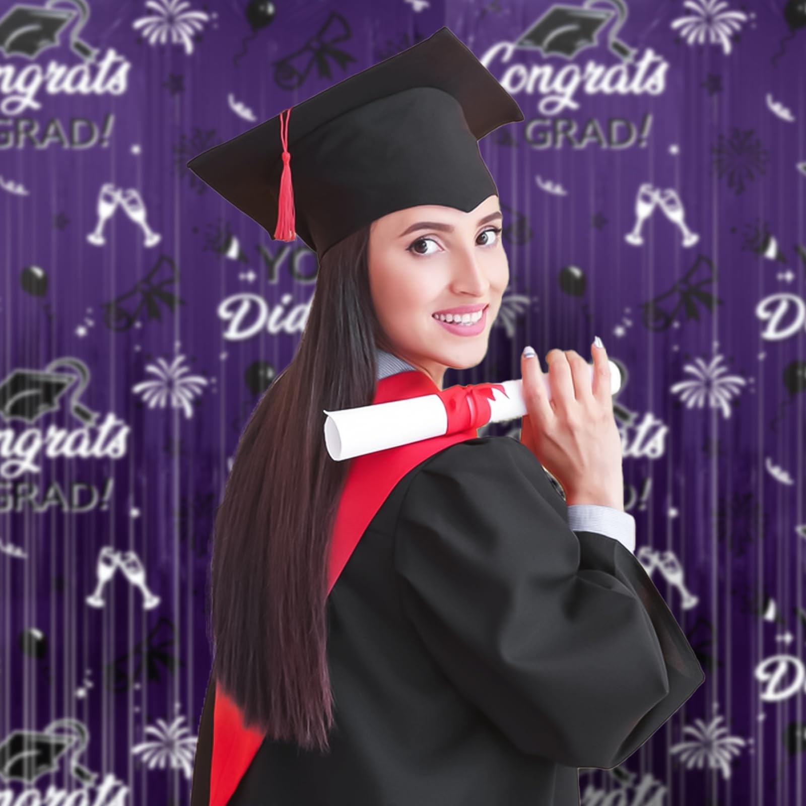 2025 Graduation Foil Fringe Curtains, 2 Pack 3.2×6.5 ft Black Graduation Purple