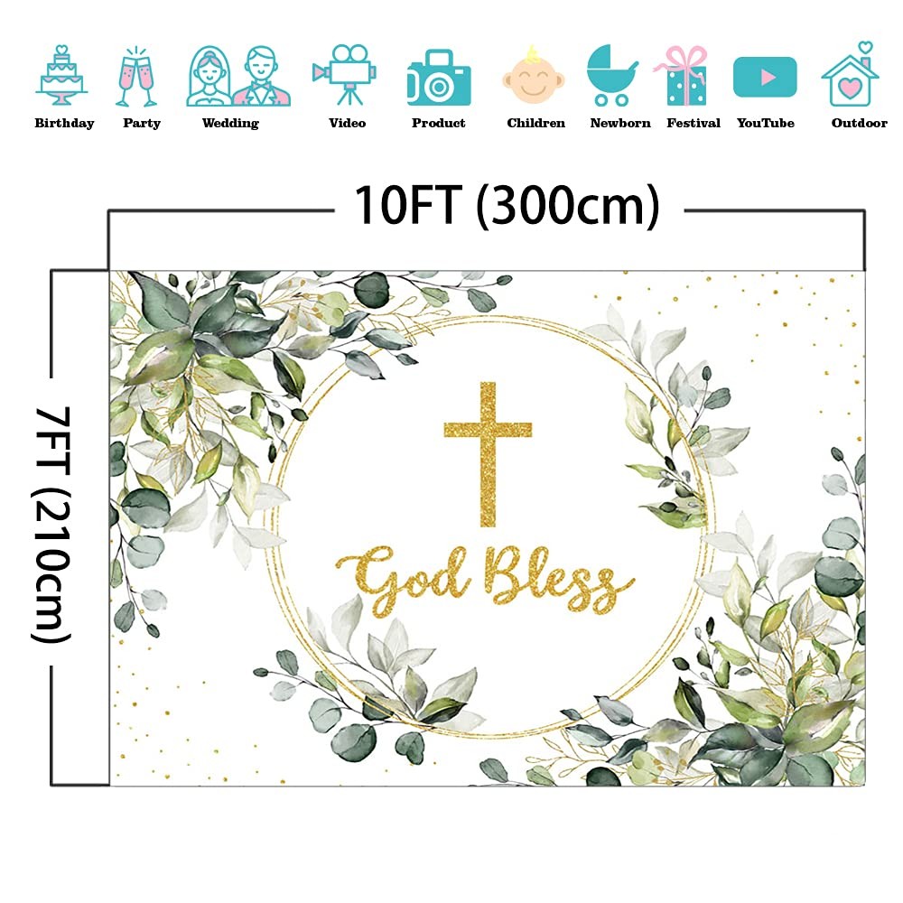 Greenery Baptism Backdrop Green and Gold God Bless Background First Holy Comm…