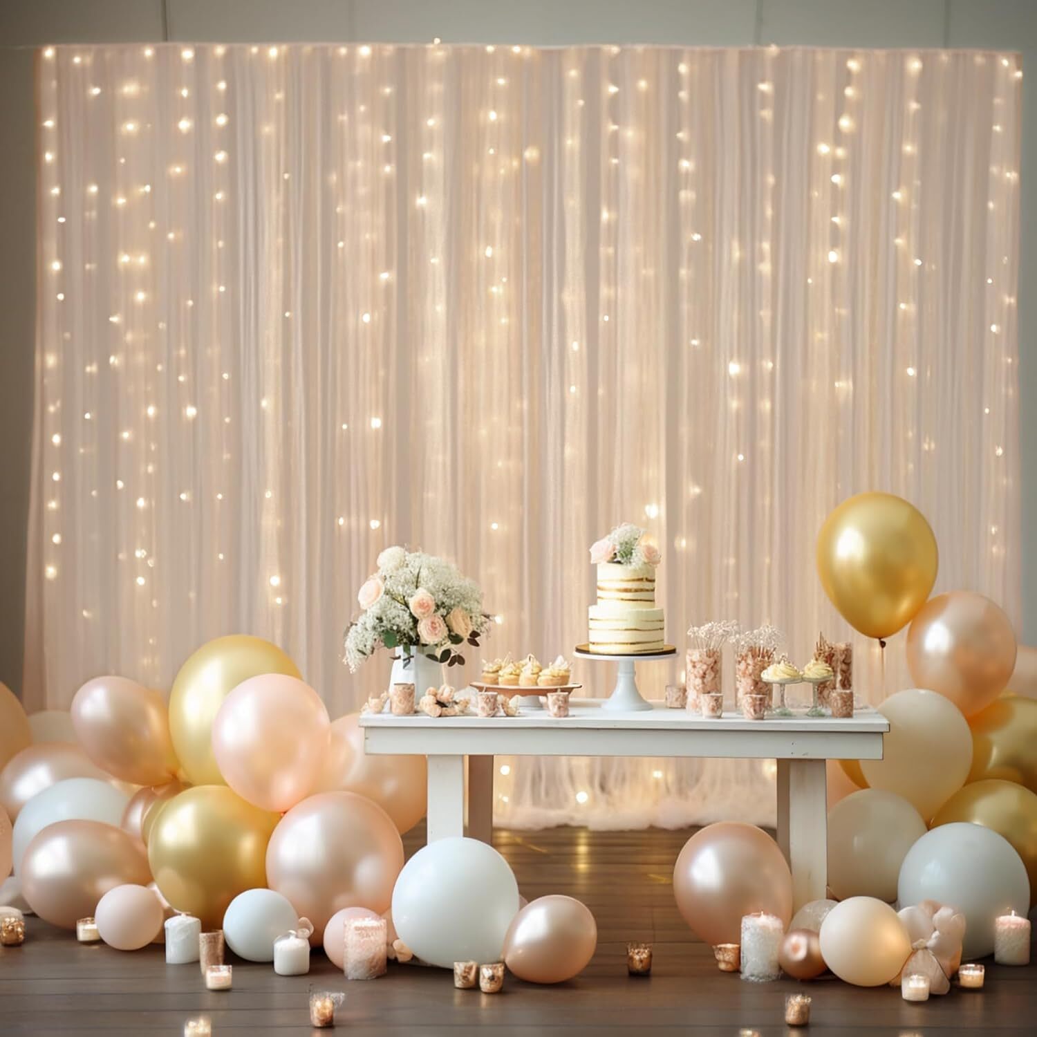 10×10ft Champagne Tulle Backdrop Curtain with Lights 10ftx10ft,