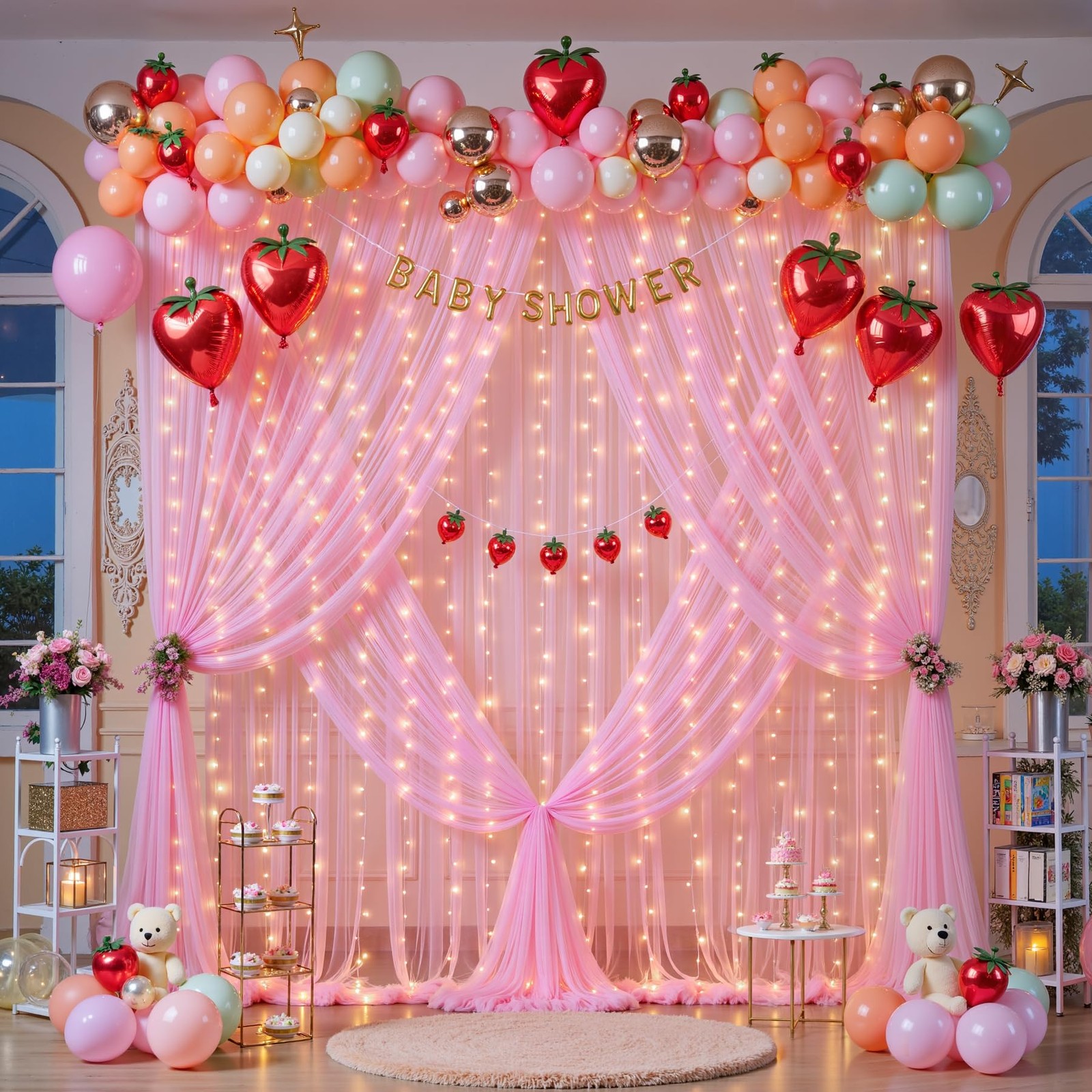 10×10 FT Baby Pink Tulle Photo Backdrop Curtain String Lights Wedding Party
