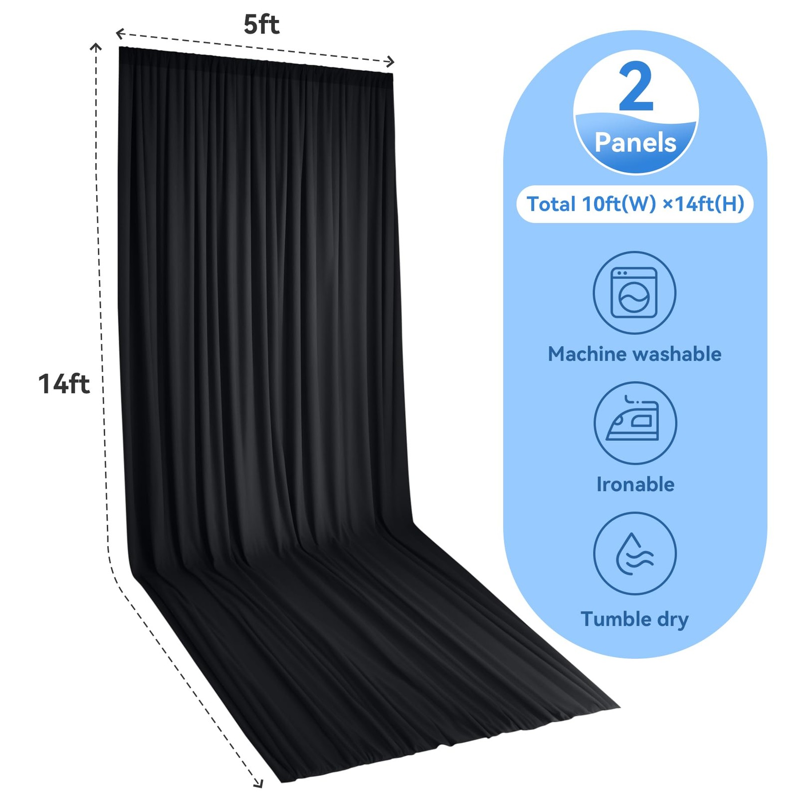 2 Panels 10x14ft Black Backdrop Curtain Wrinkle Free Polyester Photo Drapes