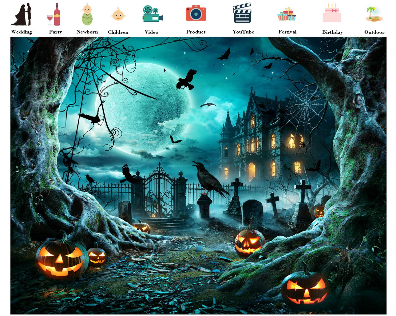 10x8ft Halloween Backdrop House Full Moon Gothic Background for Photography