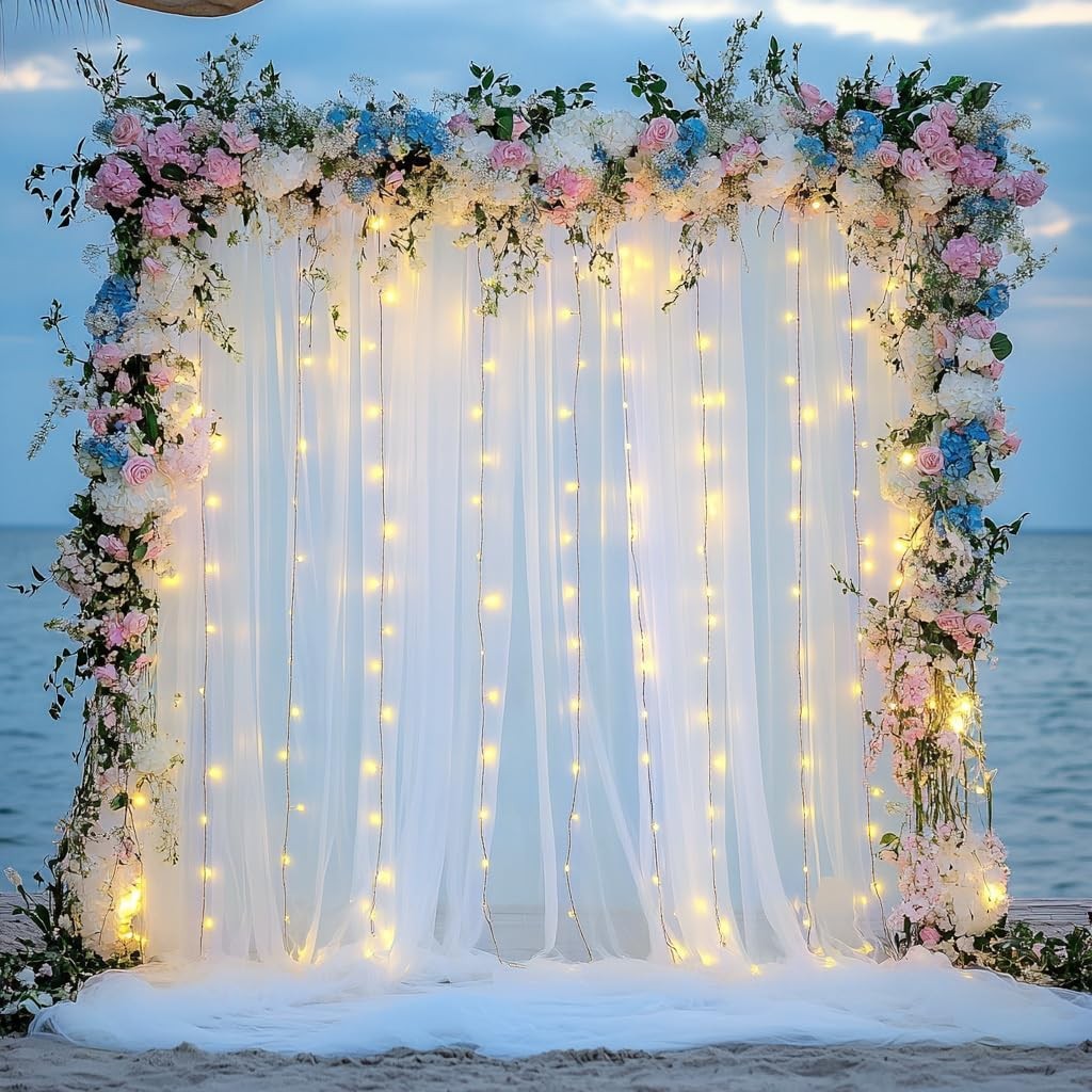 Tulle Backdrop Curtain W/ Lights String 10FT X 10FT Ivory Sheer Tulle Backdrop
