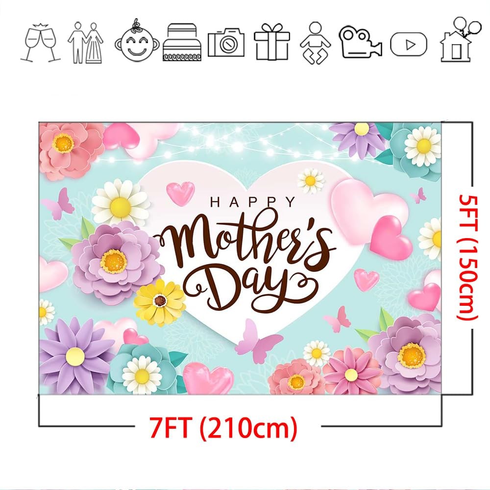 Happy Mother’s Day Backdrop 7x5ft Mother’s Day Floral Background Mother’s Day Pa