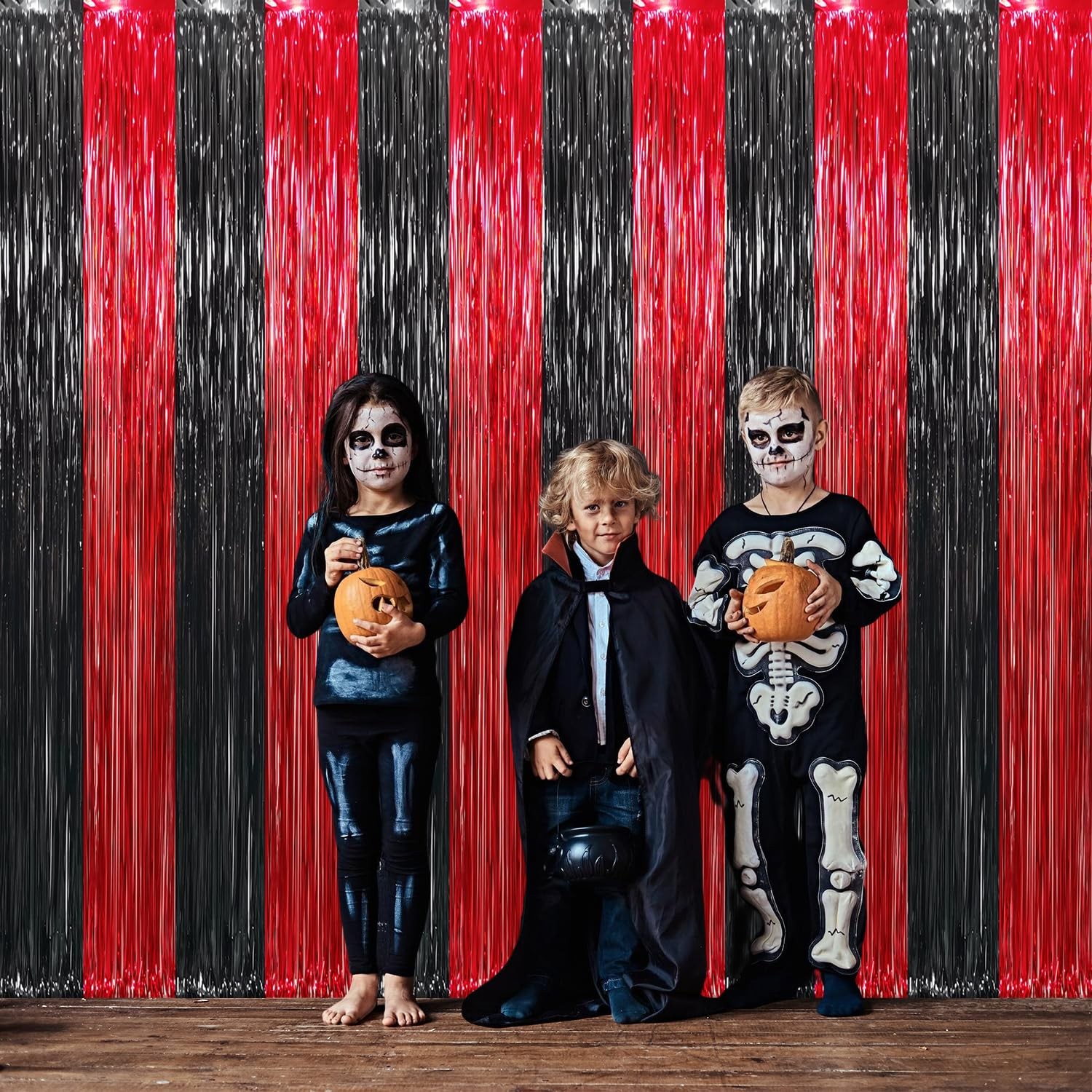 4 PCS 3.2×8.2 Feet Black Red Metallic Tinsel Foil Fringe Curtains Streamers
