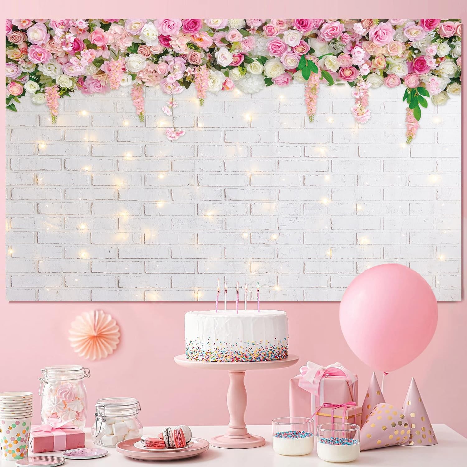 Flower Wall Backdrop Glitter White Brick Mothers Day Flowers 7x5FT Background