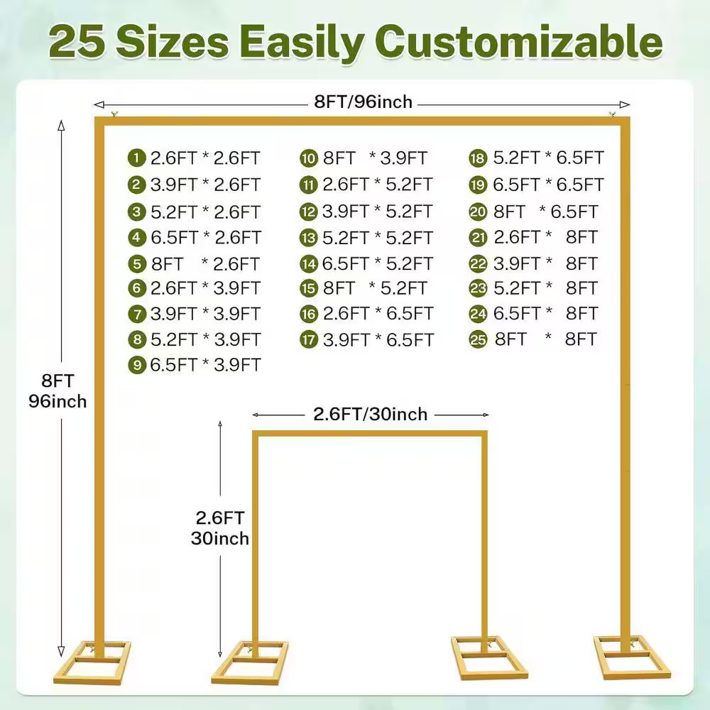 Wedding Arch Backdrop Stand 8 Ft. Adjustable Gold Metal Frame Heavy Duty for Par