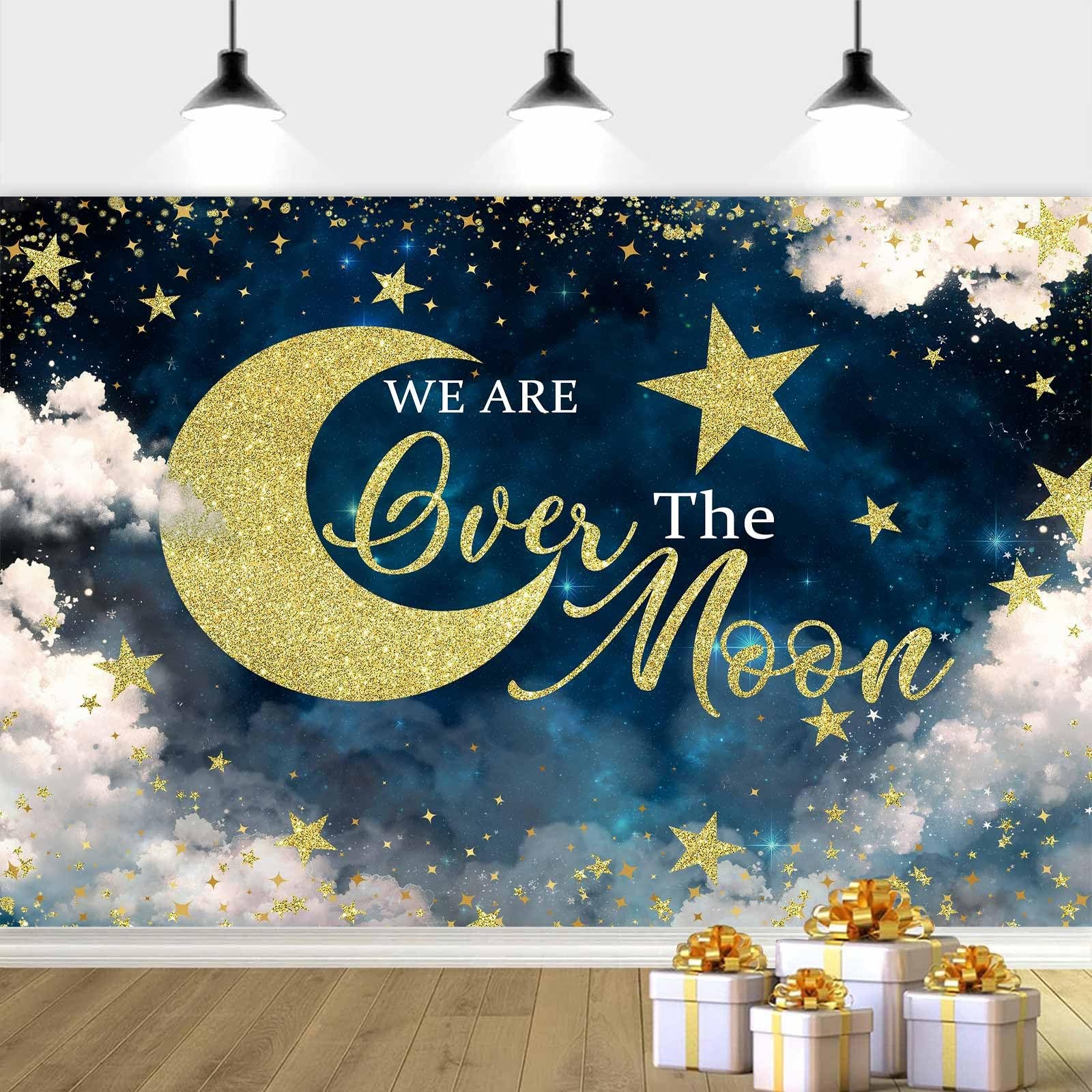 10X8ft We are Over The Moon Baby Shower Decorations Photo 10X8FT, Blue