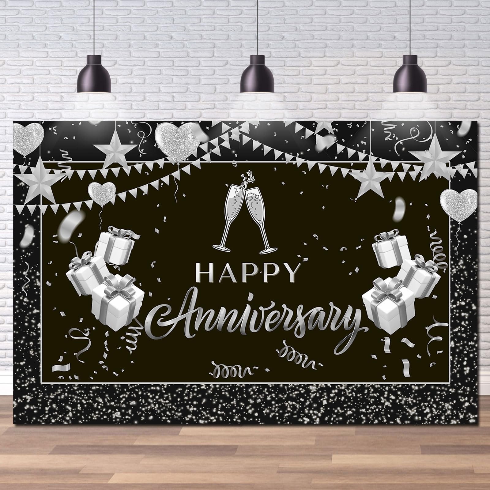 Happy Anniversary Backdrop Wedding Banner Poster Black, Silver