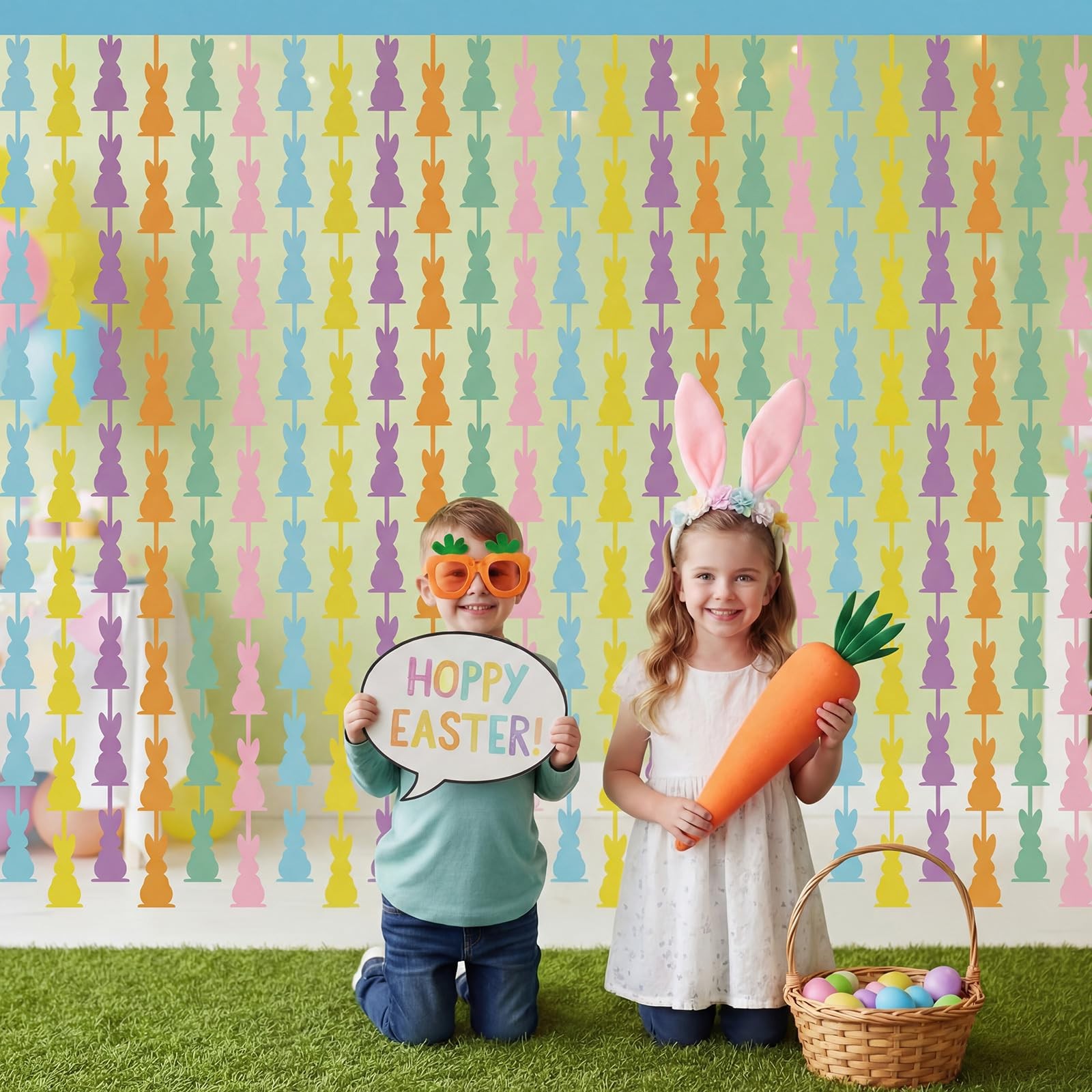 2 PCS Easter Foil Fringe Curtains 3.28 ft x 6.56 ft Bunny Tinsel Backdrop