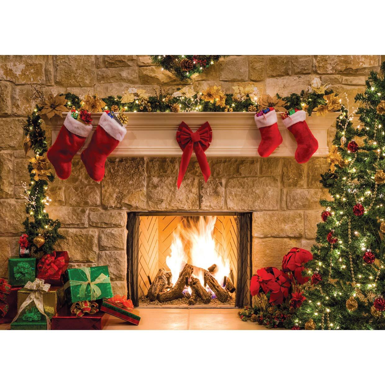 7x5Ft Christmas Photography Backdrop Fireplace Photography Background for Studio