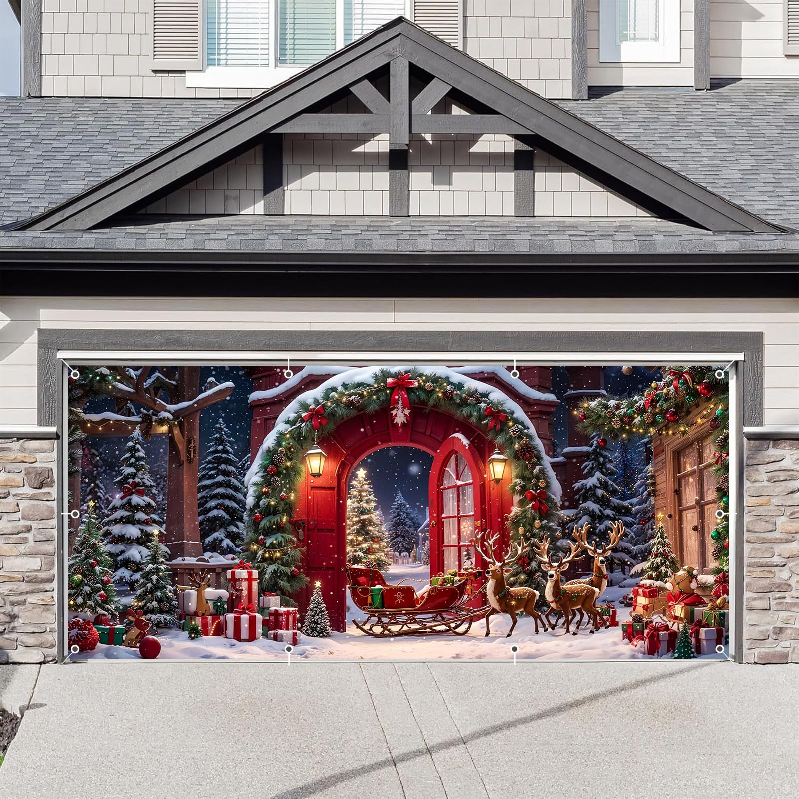 Winter Forest Garage Door Cover 7x16ft Holiday Decorations for Outdoor Parties