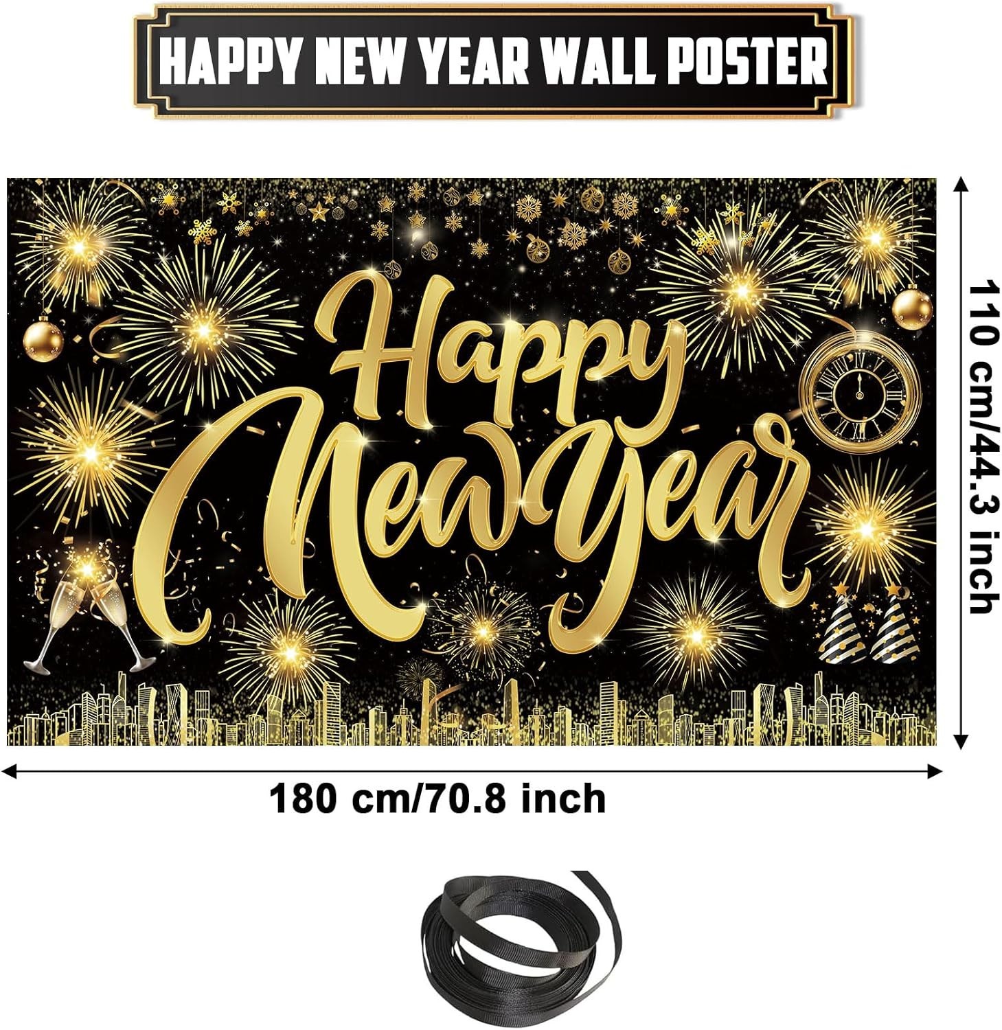 Famoby Happy New Year Fabric Sign Poster Banner Backdrop with Fireworks Large