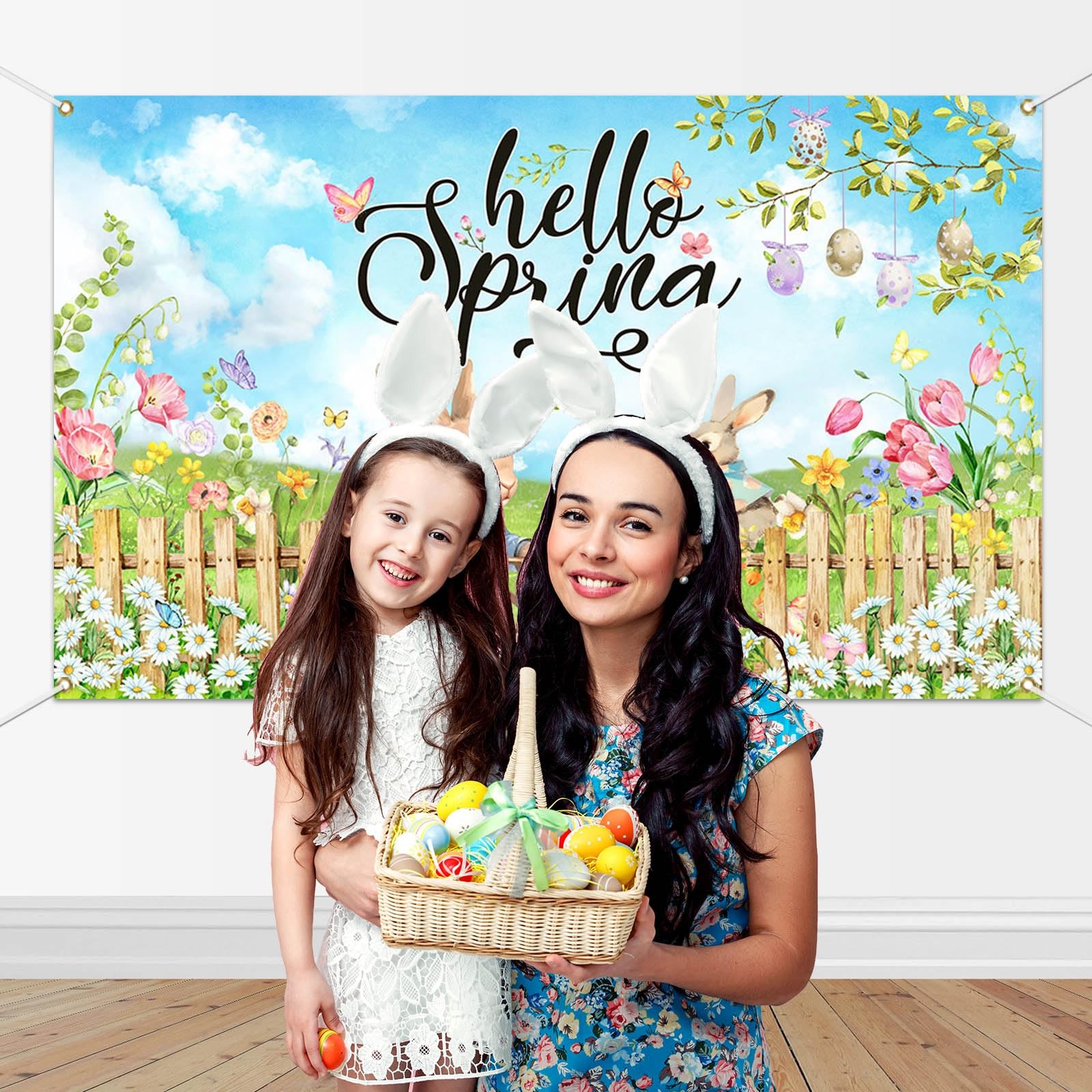 Mocsicka Hello Spring Backdrop Easter Party Banner 70.8×43.3 inch, Greenery