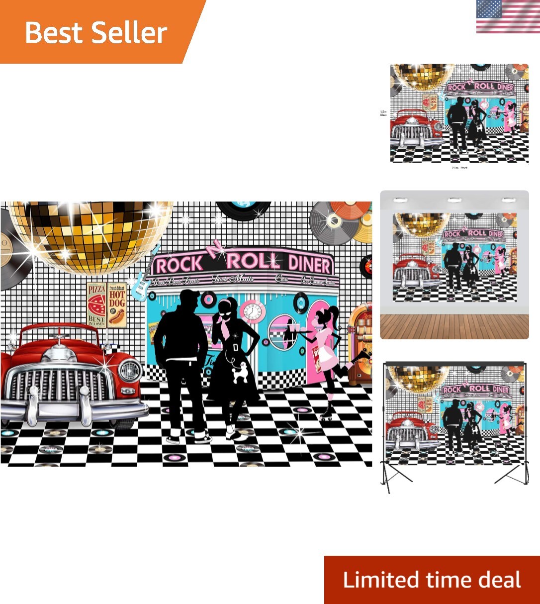 Vibrant 50s Diner Photo Booth Backdrop 7×5 Feet – Perfect for Nostalgic Events
