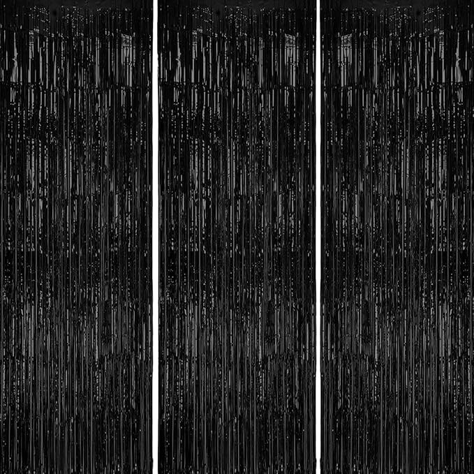 3 Pack Foil Fringe Backdrop – Black Shiny Tinsel Curtains for Party 3.3×8.2 FT