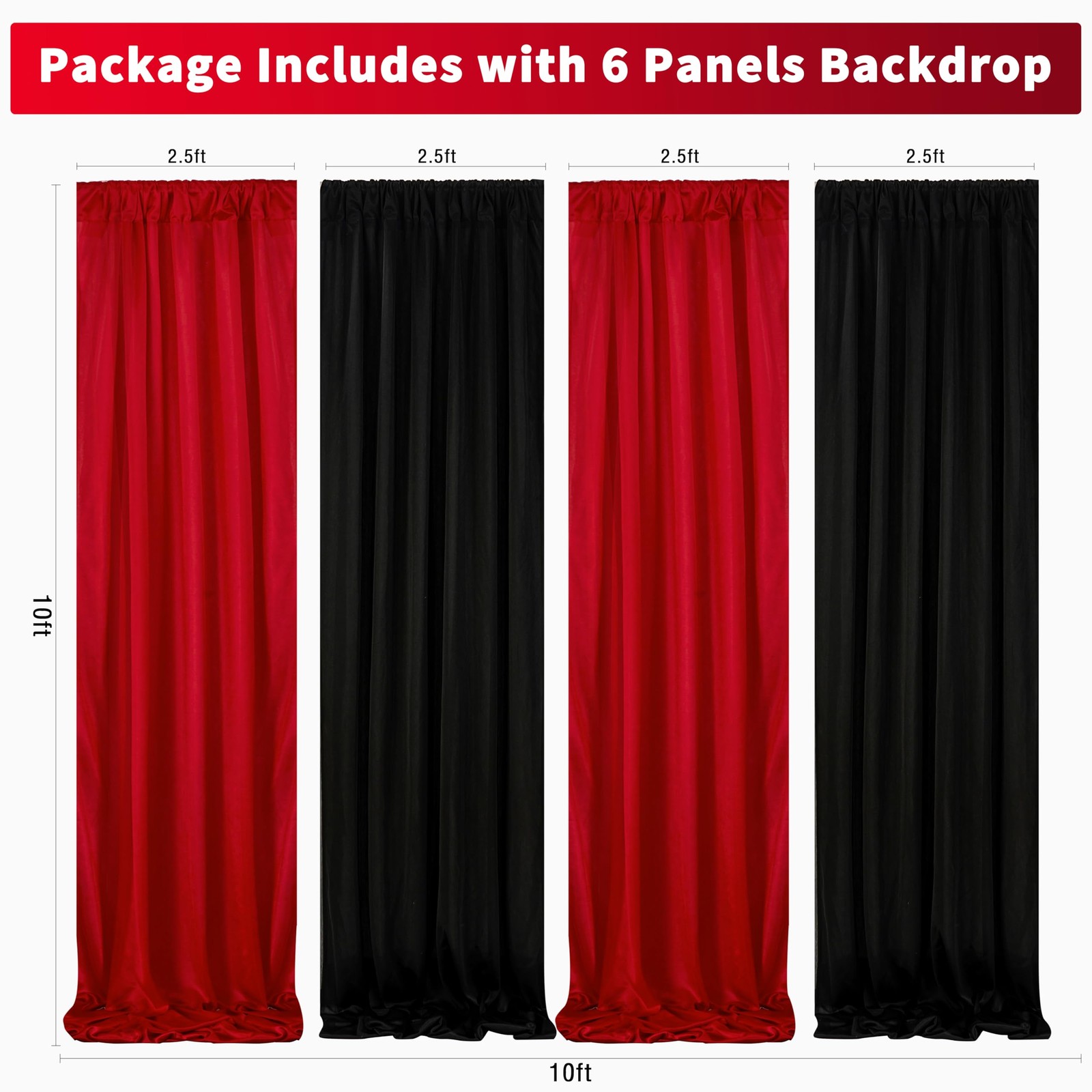 4 PCS 2.5x10FT Red Black Backdrop Curtains 10x10FT Wrinkle Free Drapes