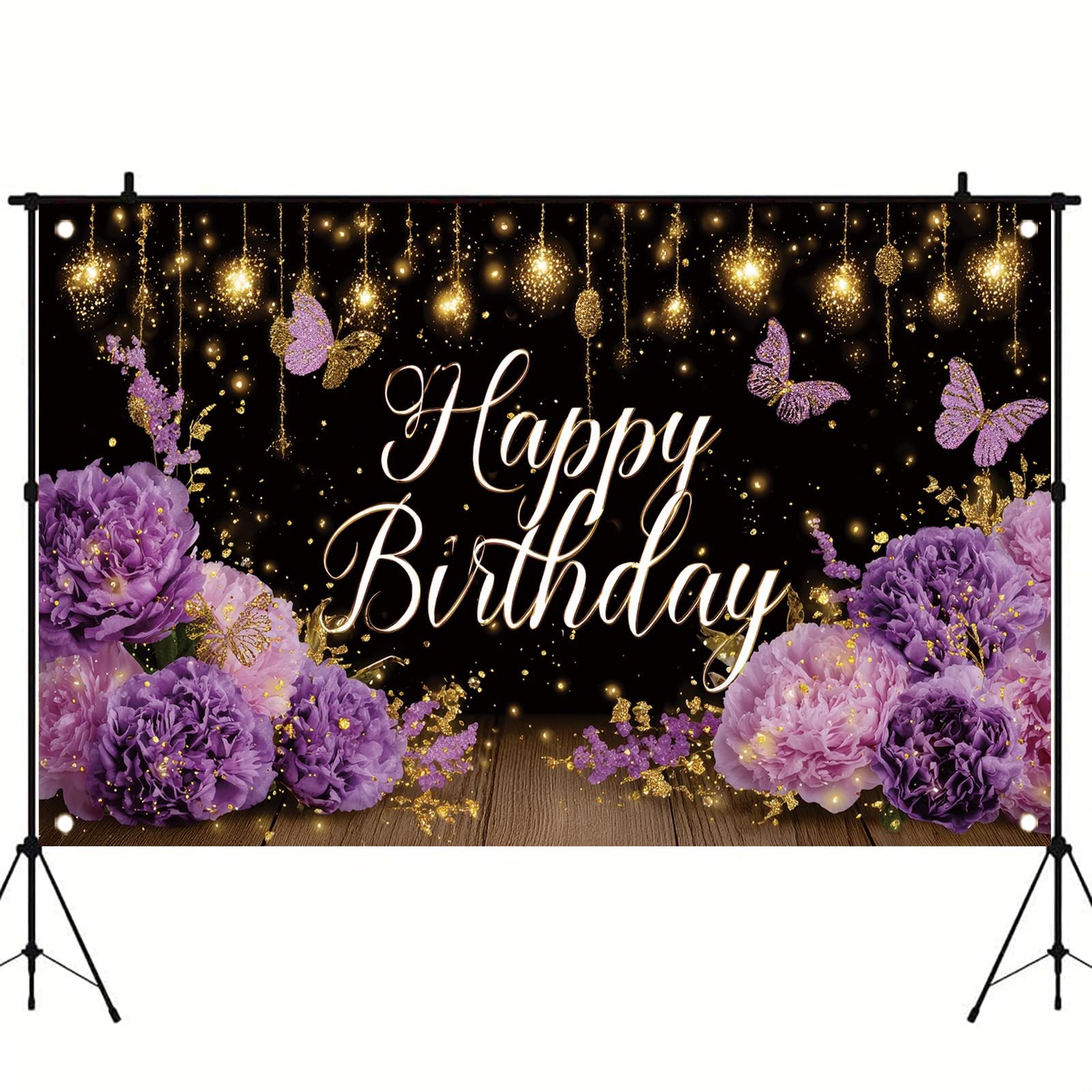 Purple Happy Birthday Backdrop 71 x 43 Inch Floral Butterfly Gold Glitter Photog