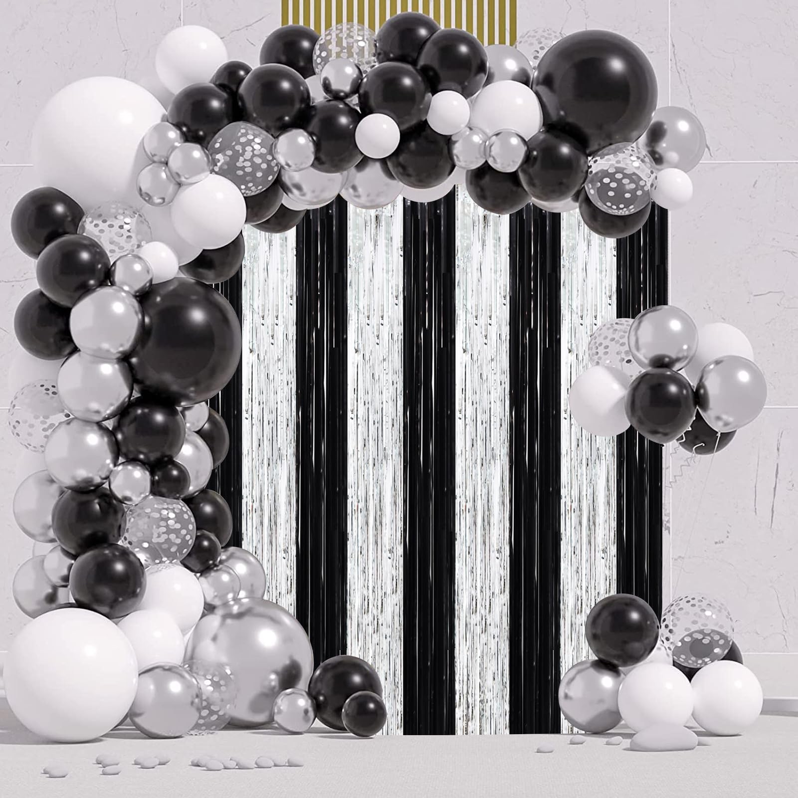 3 PCS 3.3×8.2 Ft Black Silver Foil Fringe Backdrop Curtains Tinsel Decor