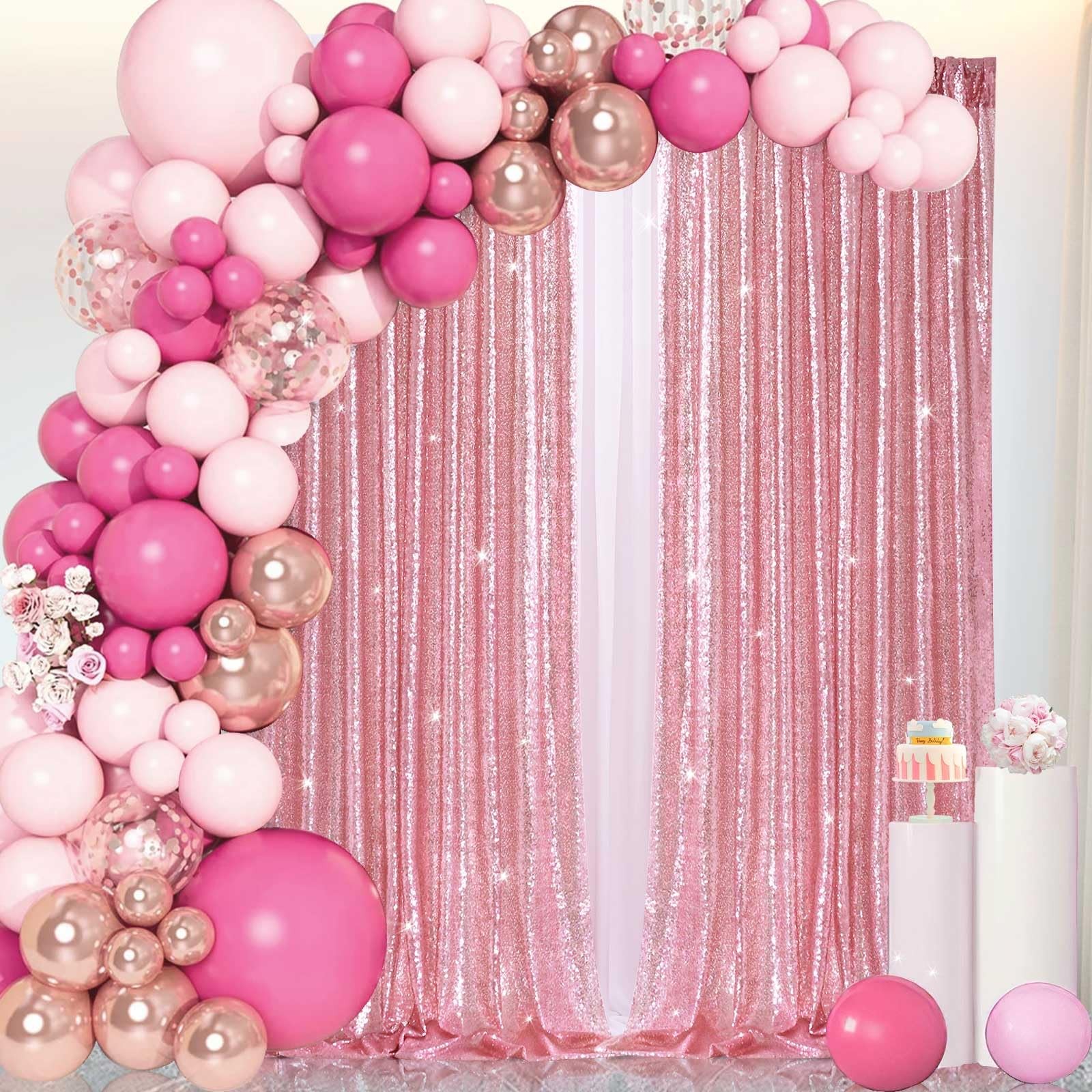 Pink Sequin Backdrop Curtains Fuchsia Glitter 2 Panels Photo Backdrop 2x8ft