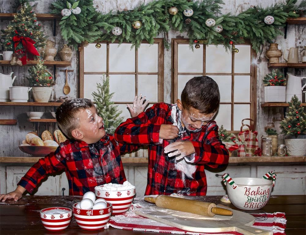 8X8Ft/2.5X2.5M Christmas Backdrop Kitchen Rustic Style Photo Background Photogra