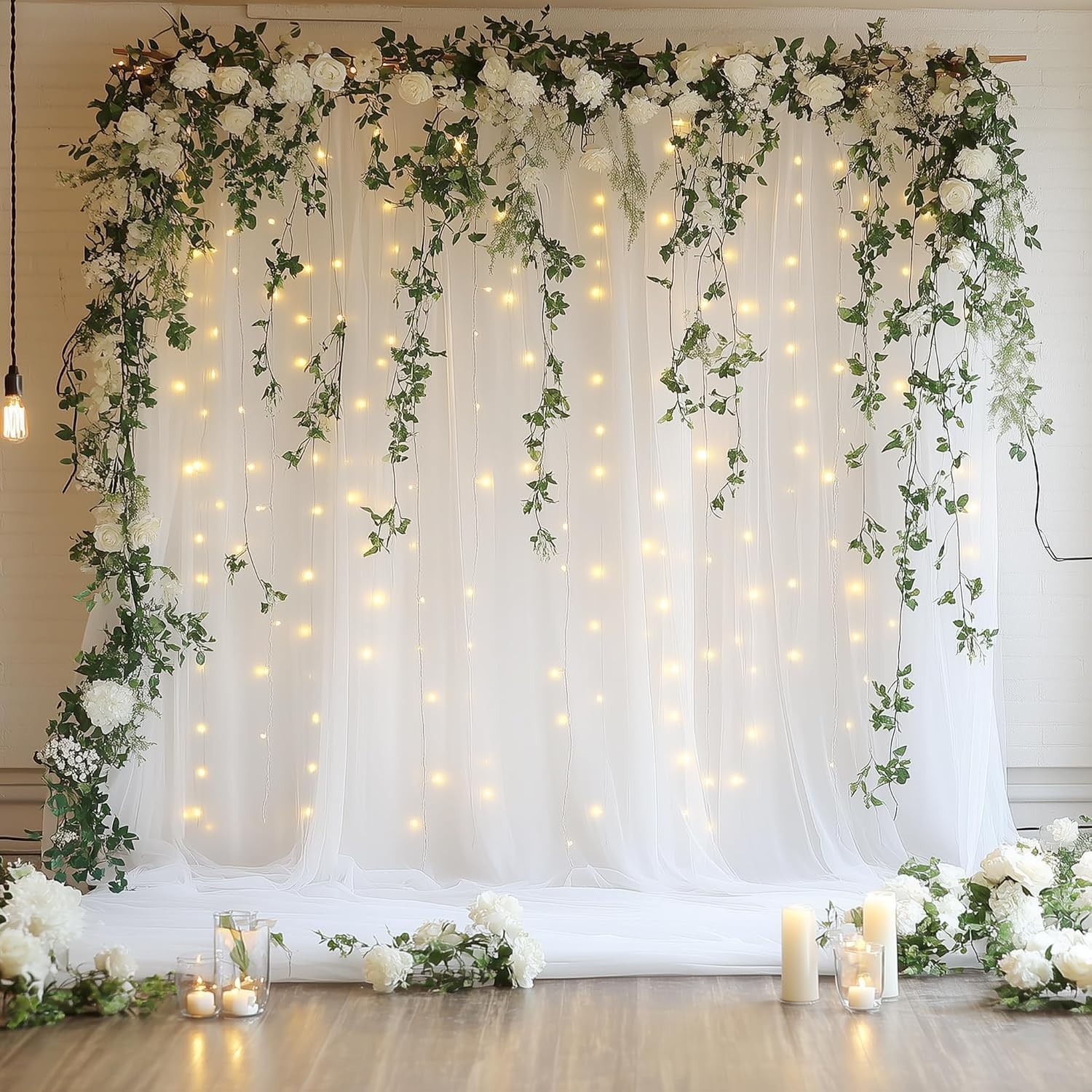 Tulle Backdrop Curtain W/ Lights String 10FT X 10FT Ivory Sheer Tulle Backdrop
