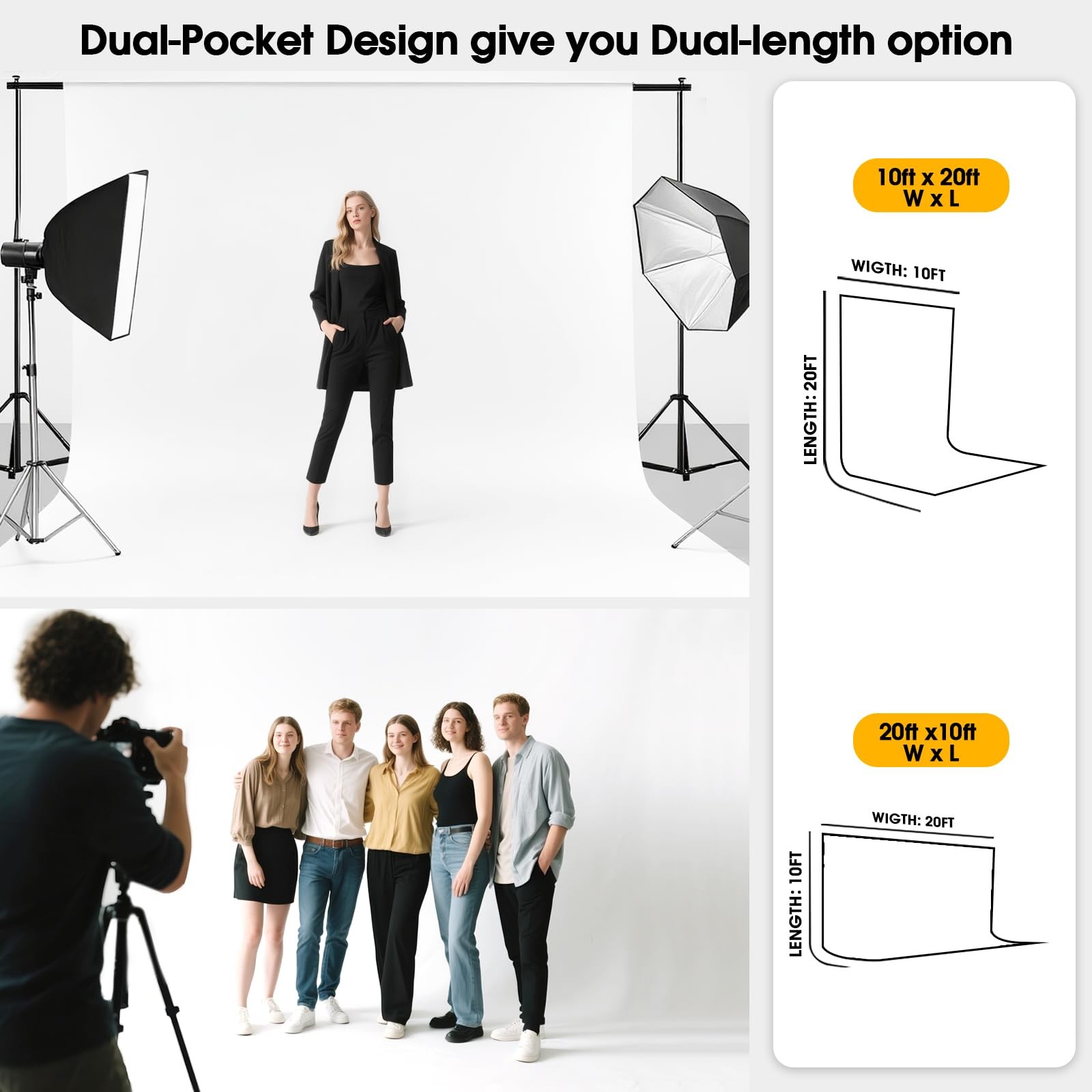 CPLIRIS 10x20ft White Backdrop for Photography, Dual-Size 10x20ft,