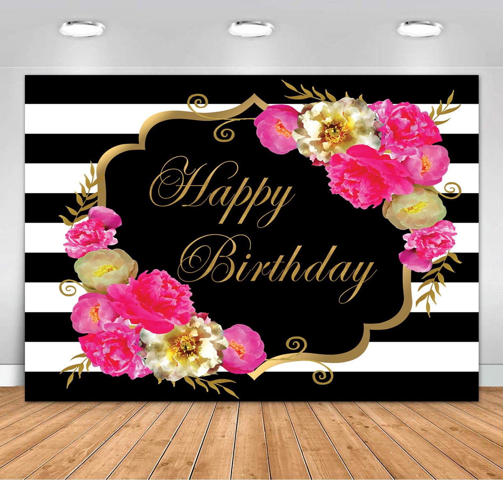 7x5ft Floral Happy Birthday Backdrop for Women Black White Stripe Background