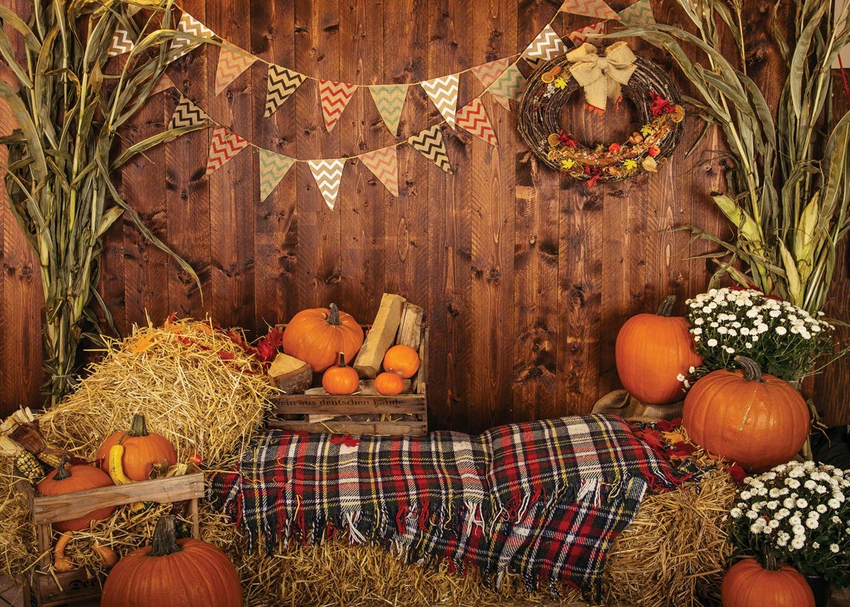 Fall Thanksgiving Backdrops Rustic Wooden Barn Harvest Autumn 7X5FT, Clear