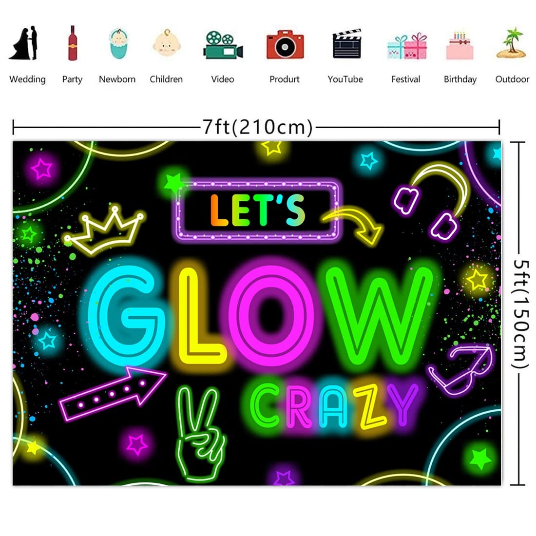 Wollmix Neon Glow Party Decorations Supplies Backdrop 7x5ft 7x5ft, Black