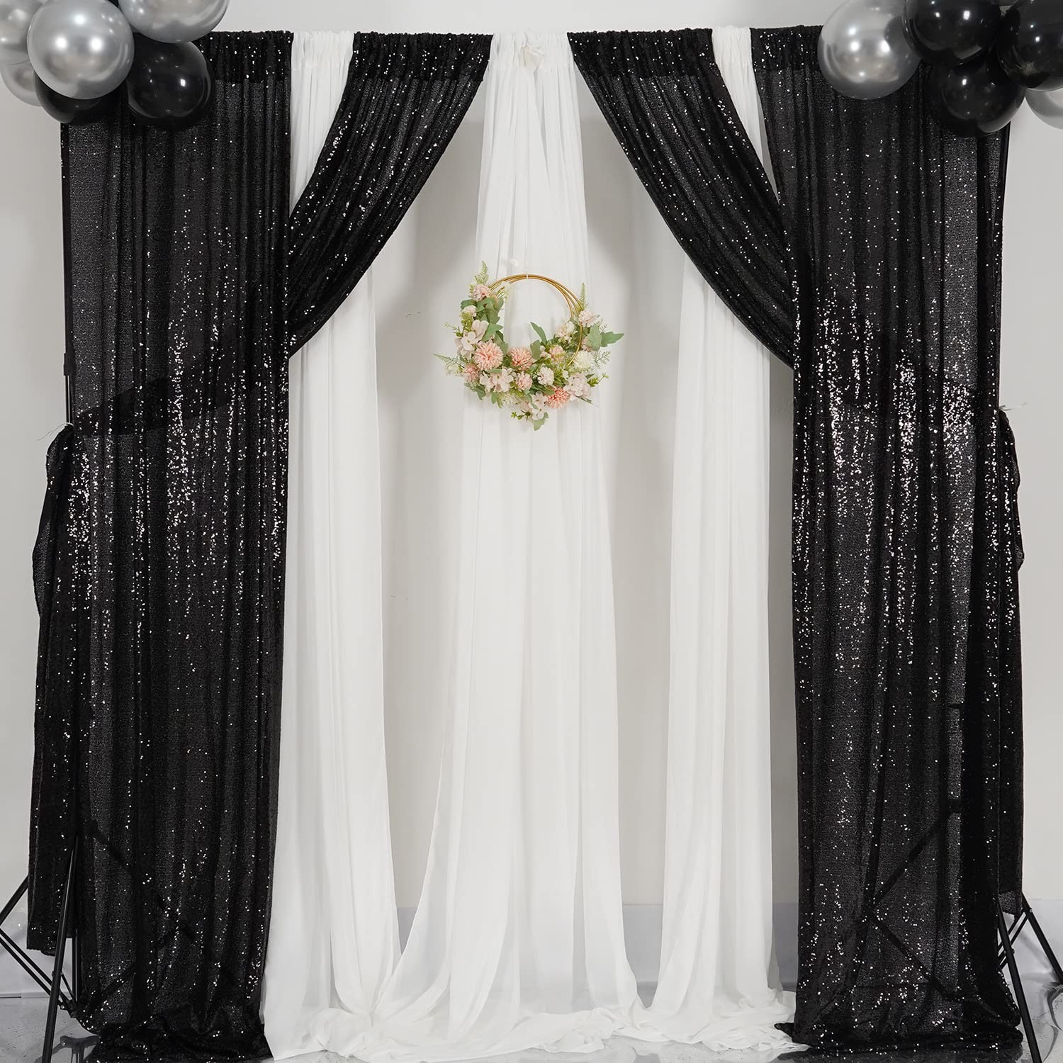 2x8ft Black Sequin Backdrop Curtains Glitter Background Wedding Party 4 PCS