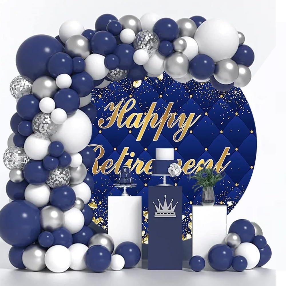 Royal Blue Gold Glitter Round Backdrop 6.5ft – Retirement Photo Background, Part